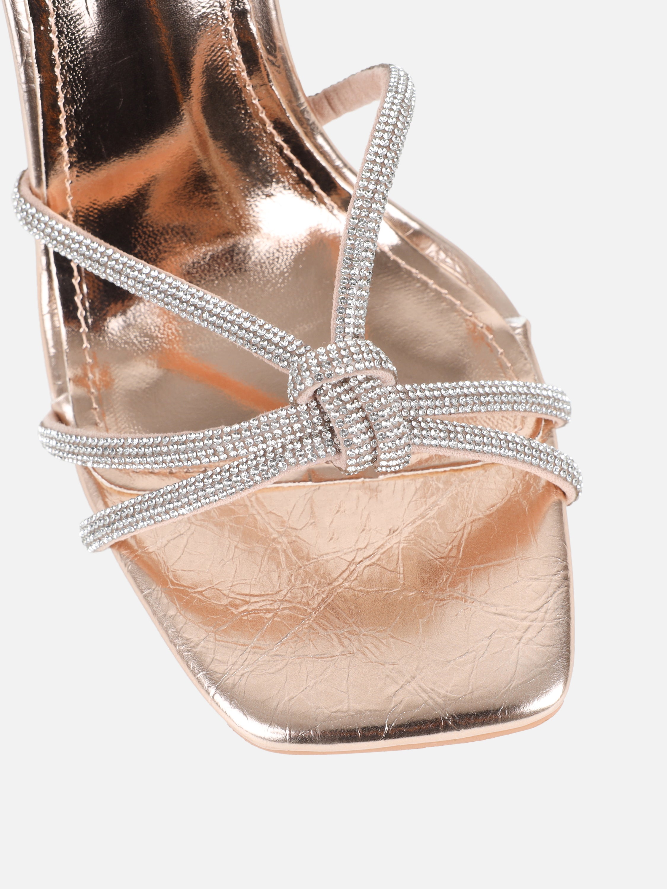 Janeet Rose Gold Metallic Diamante Knot Heeled Sandals | SIMMI London