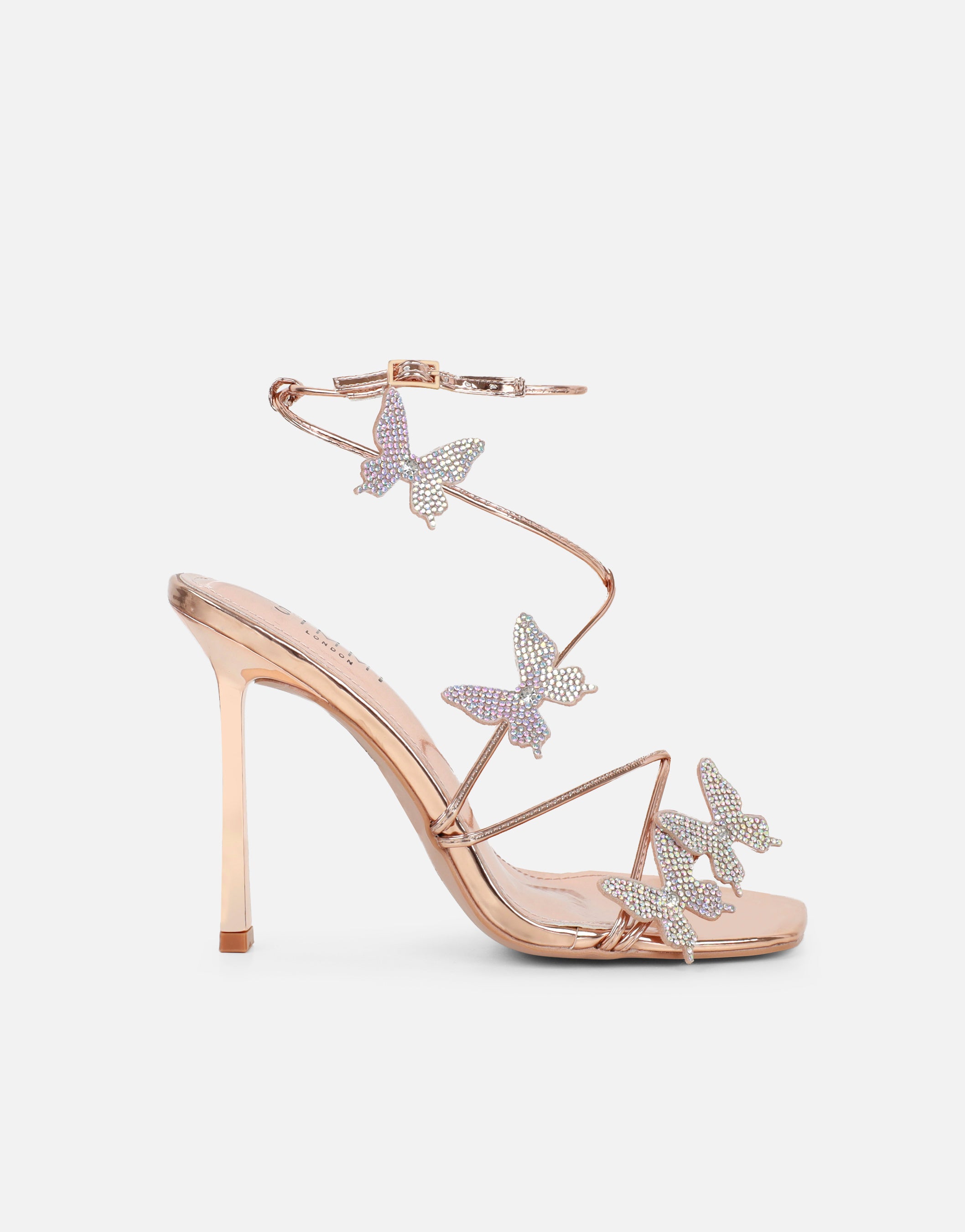 Lola Rose Gold Mirror Diamante Butterfly Detail Heeled Sandals | SIMMI London