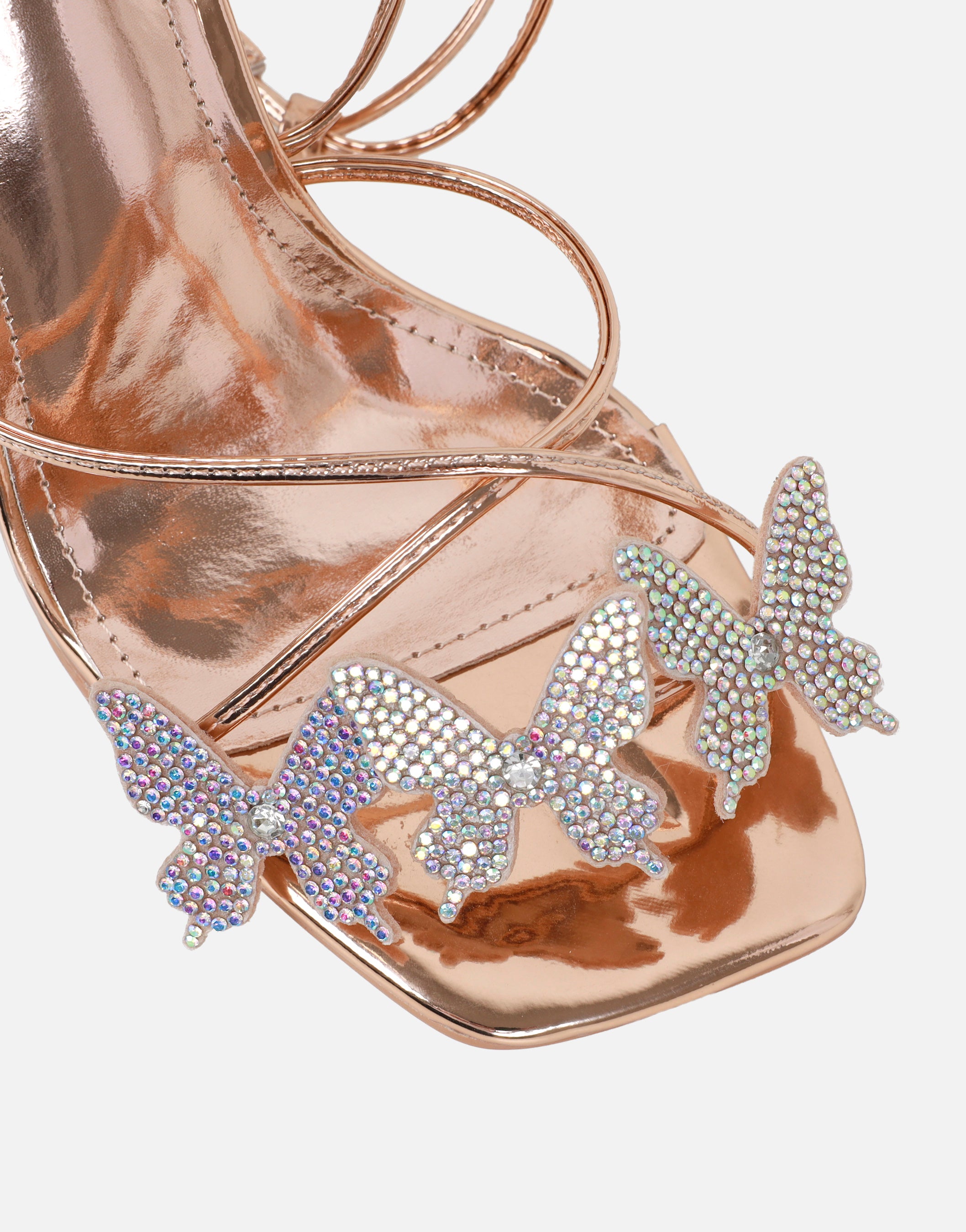 Lola Rose Gold Mirror Diamante Butterfly Detail Heeled Sandals | SIMMI London
