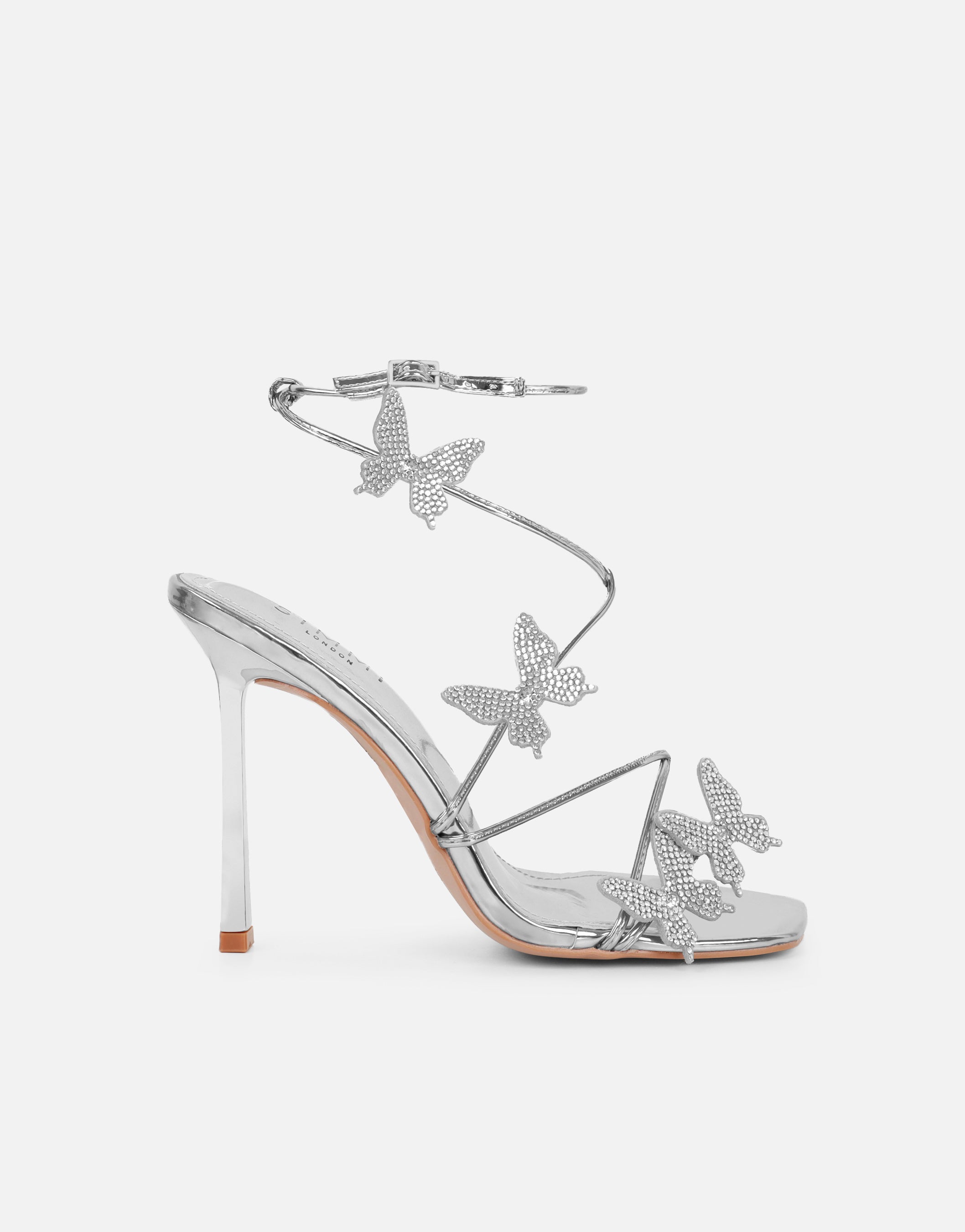 Lola Silver Mirror Diamante Butterfly Detail Heeled Sandals | SIMMI London