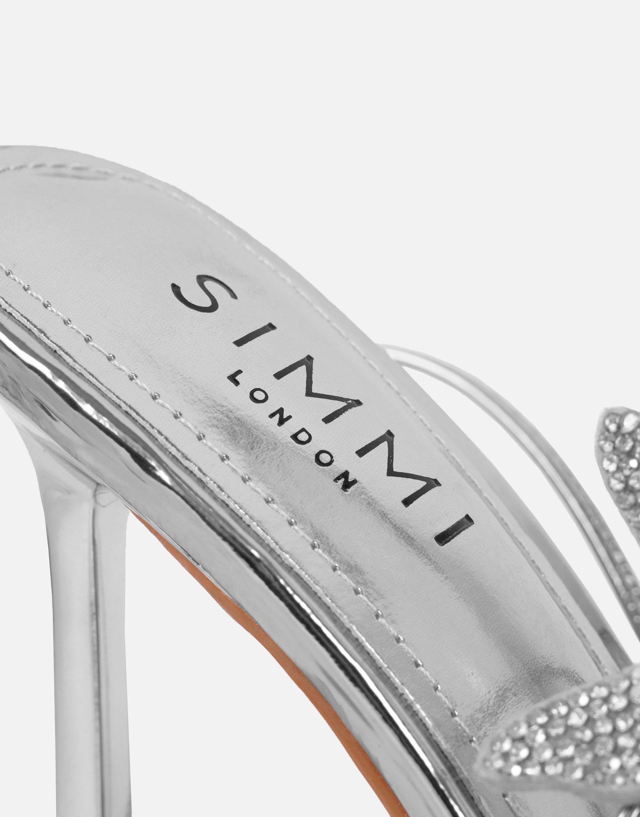 Lola Silver Mirror Diamante Butterfly Detail Heeled Sandals | SIMMI London