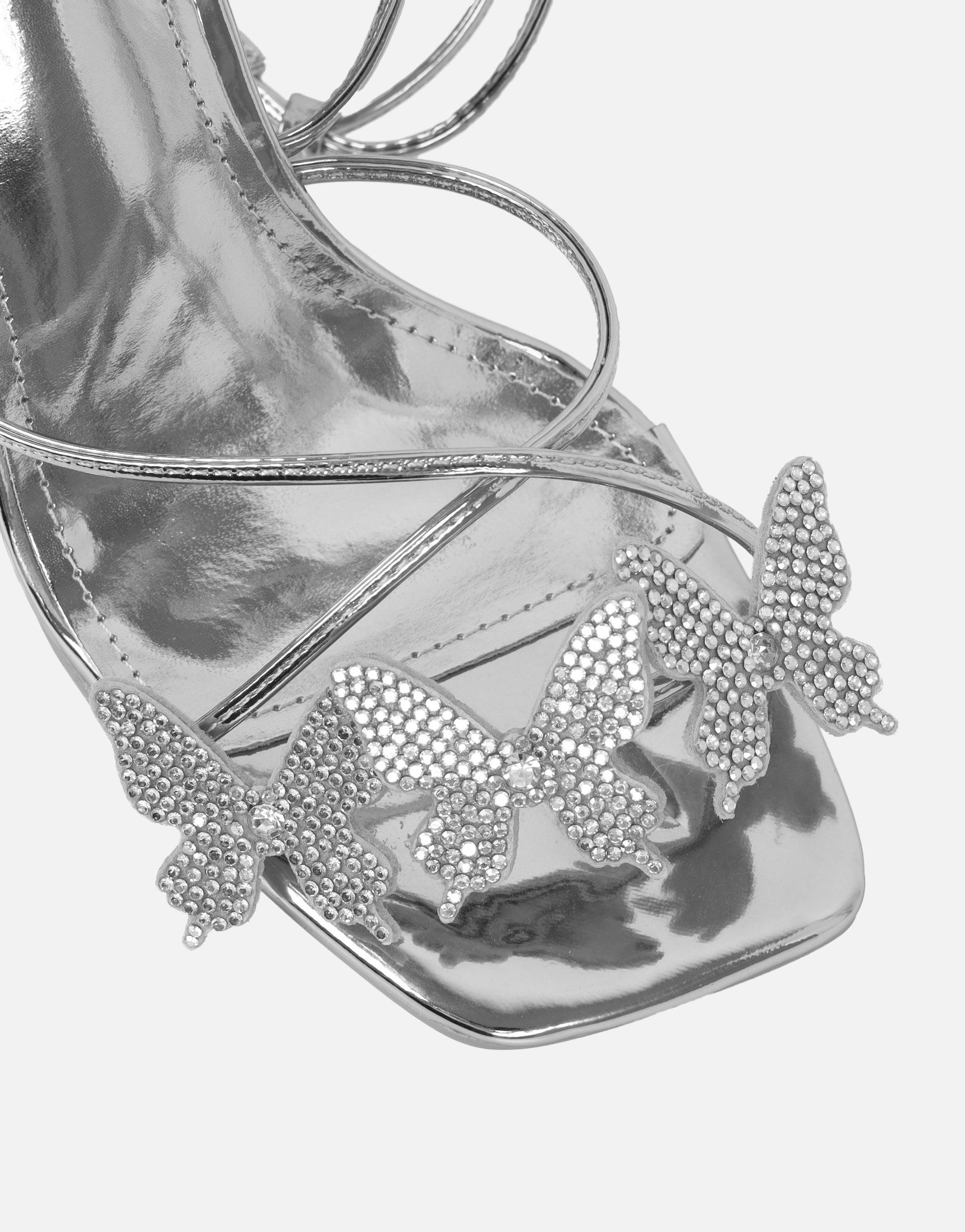 Lola Silver Mirror Diamante Butterfly Detail Heeled Sandals | SIMMI London