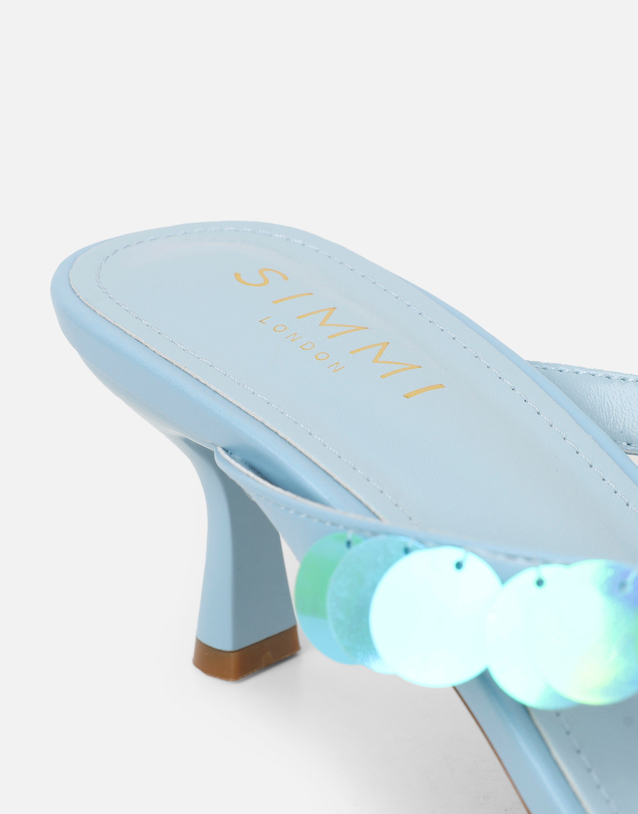 Dixy Blue Sequin Strap Square Toe Heeled Mules | SIMMI London