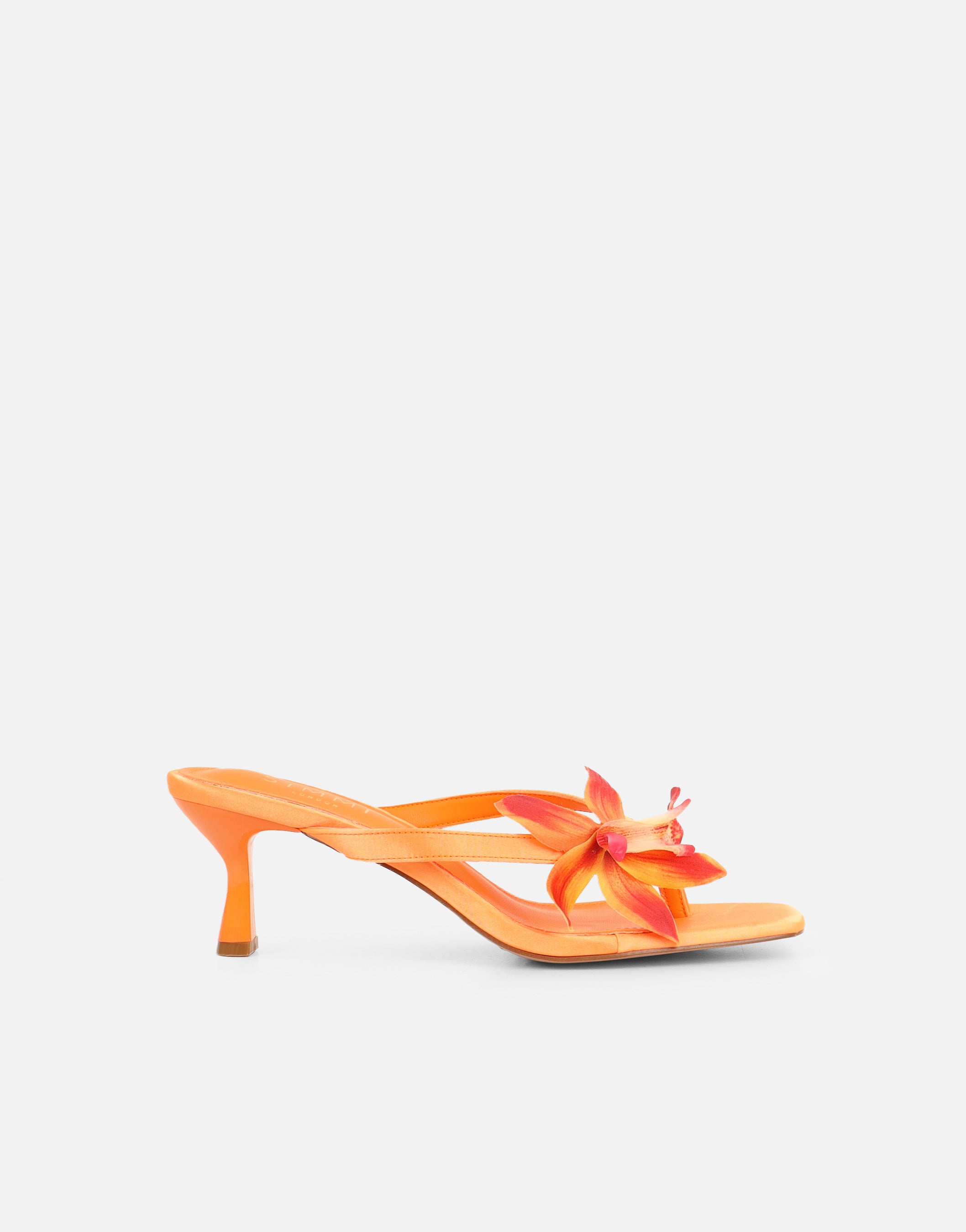 Ruby Orange Satin Flower Detail Mules | SIMMI London