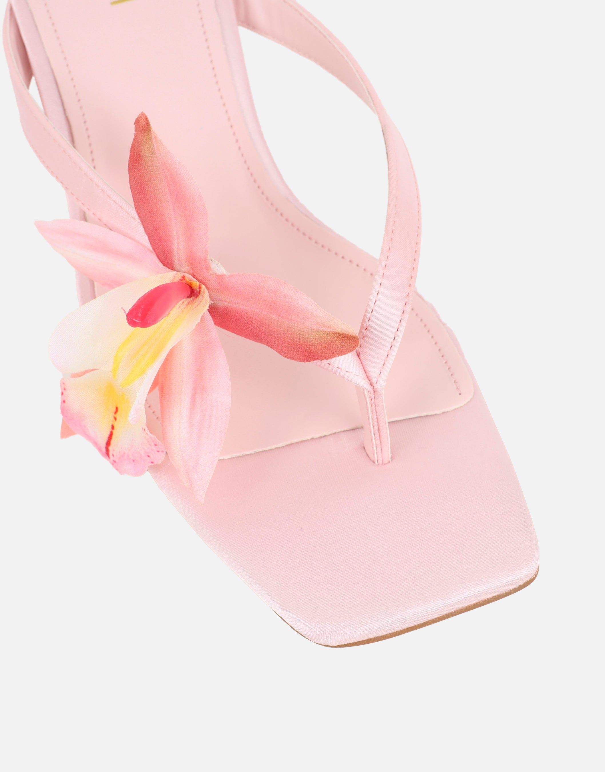 Ruby Pink Satin Flower Detail Mules | SIMMI London