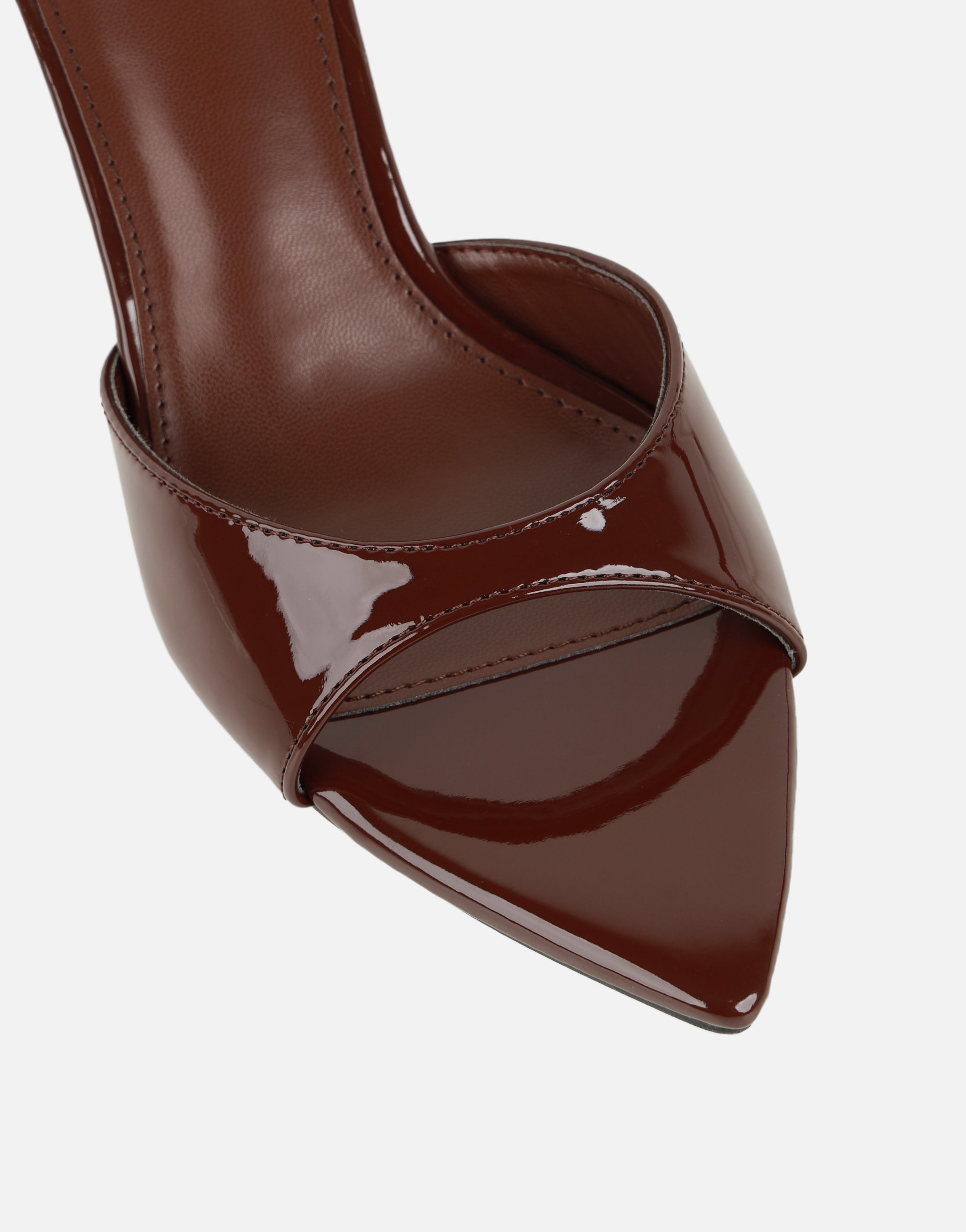 Jerez Brown Patent Peep Toe Heeled Sandals | SIMMI London
