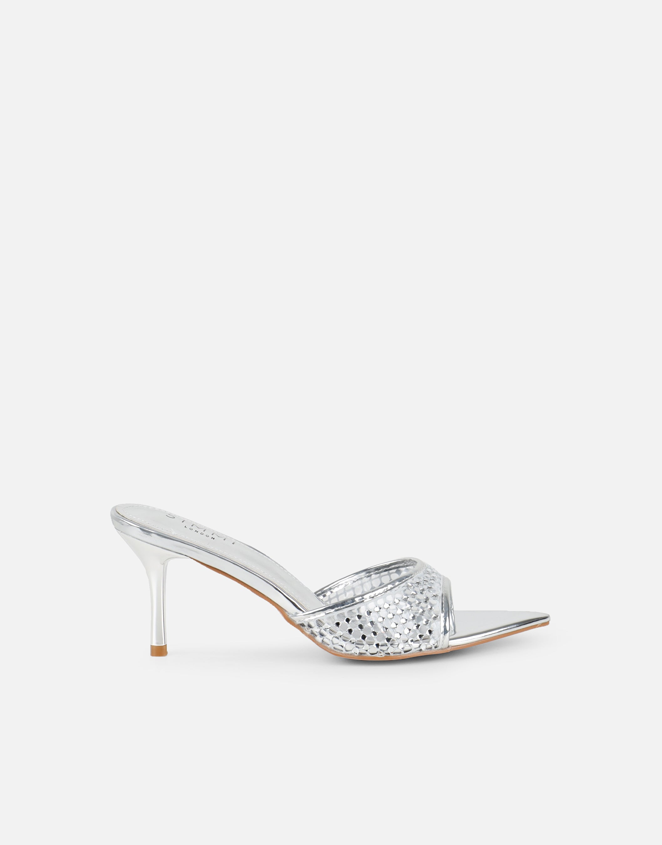 Juni Silver Diamante Mesh Mules | SIMMI London
