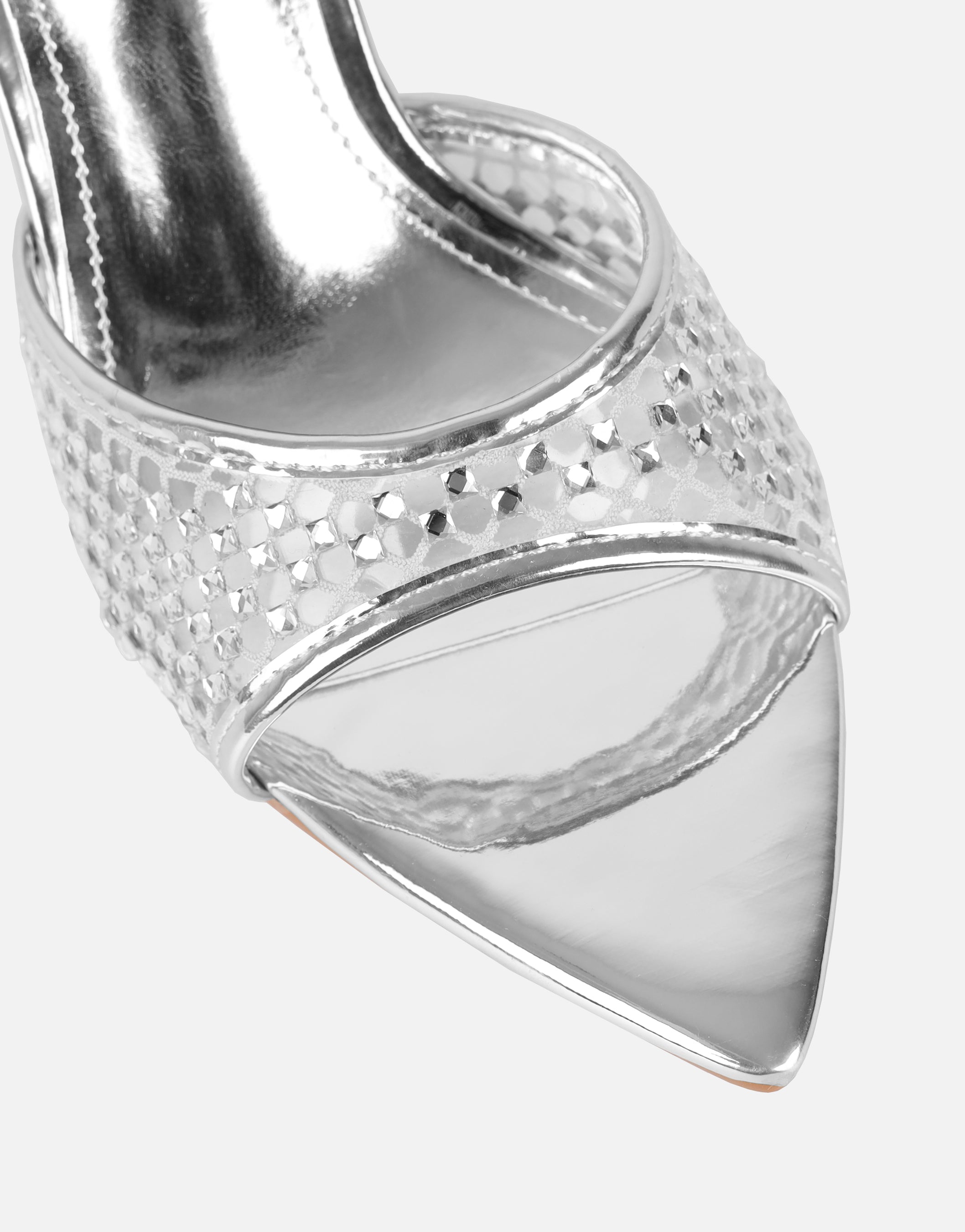 Juni Silver Diamante Mesh Mules | SIMMI London