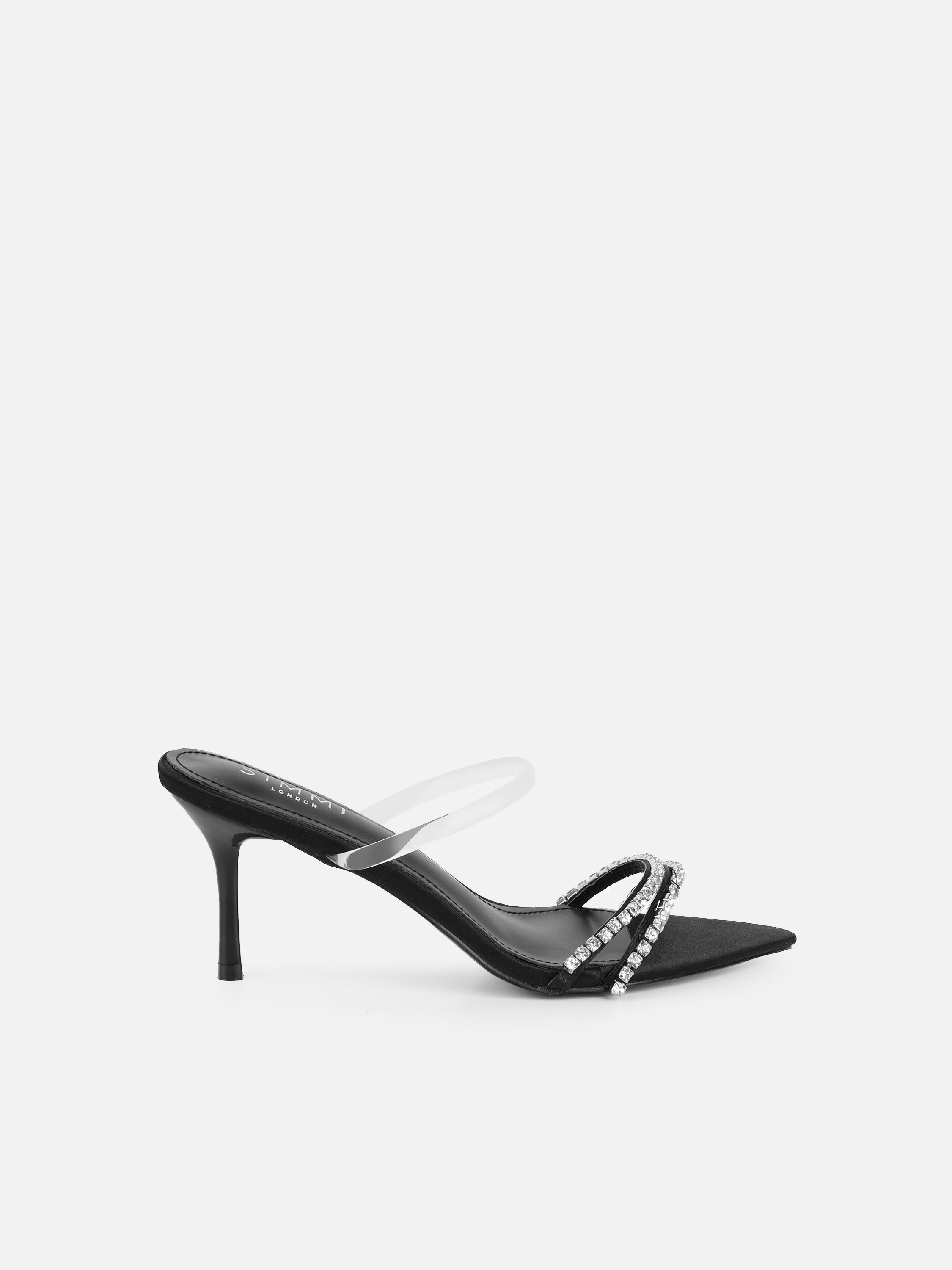 Isha Black Satin Diamante Mules | SIMMI London