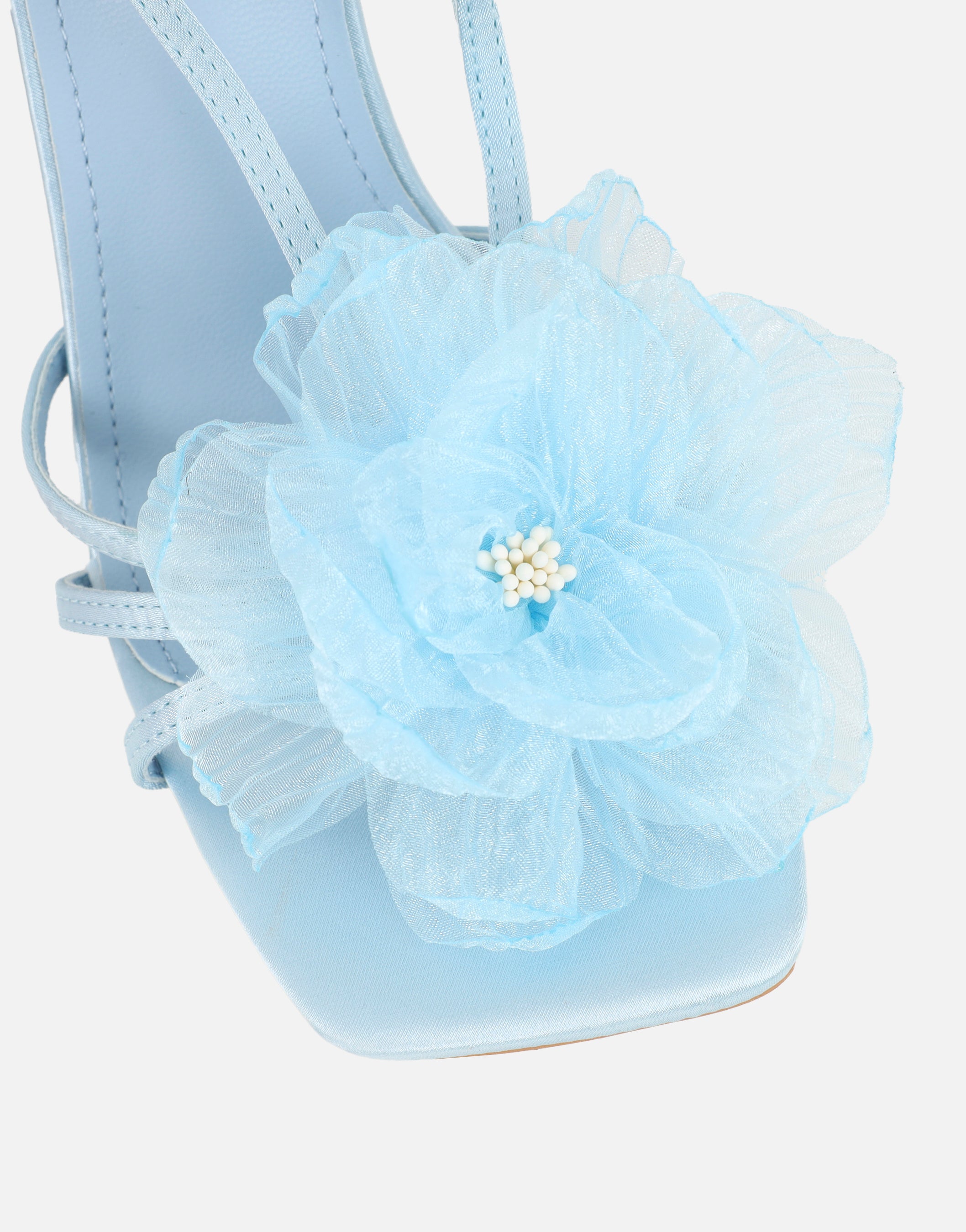 Lulu Blue Satin Mesh Flower Heeled Sandals | SIMMI London