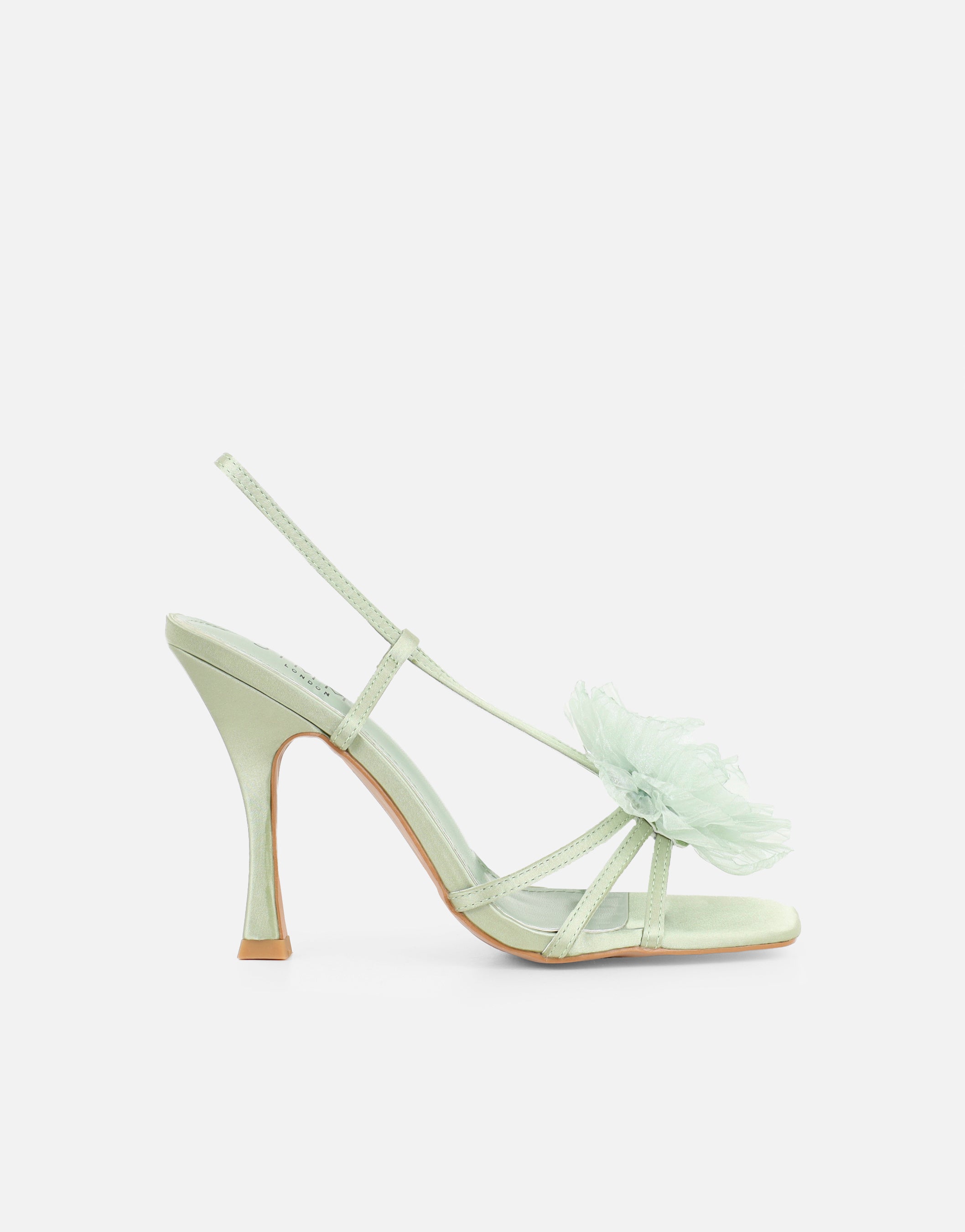Lulu Green Satin Mesh Flower Heeled Sandals | SIMMI London