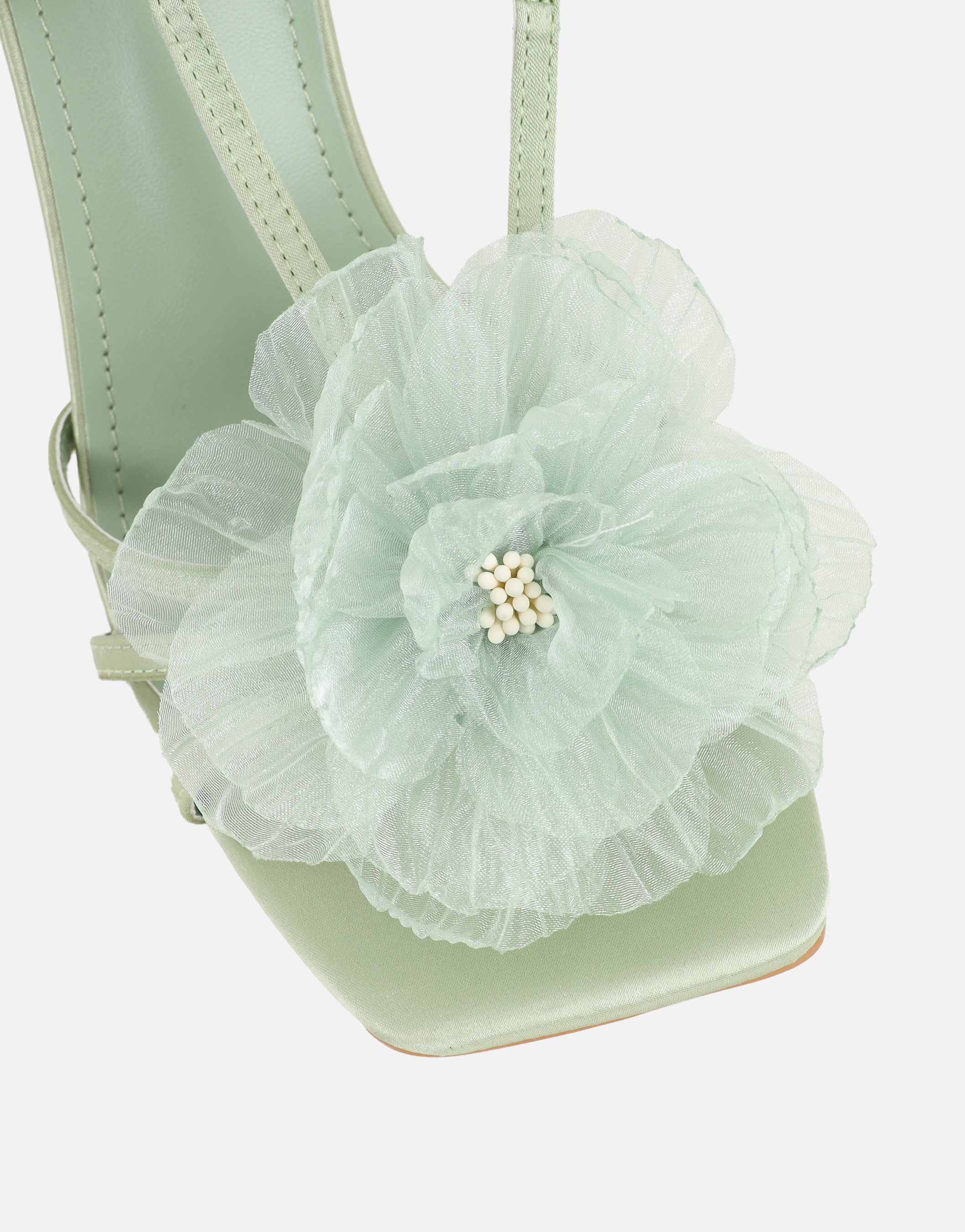 Lulu Green Satin Mesh Flower Heeled Sandals | SIMMI London