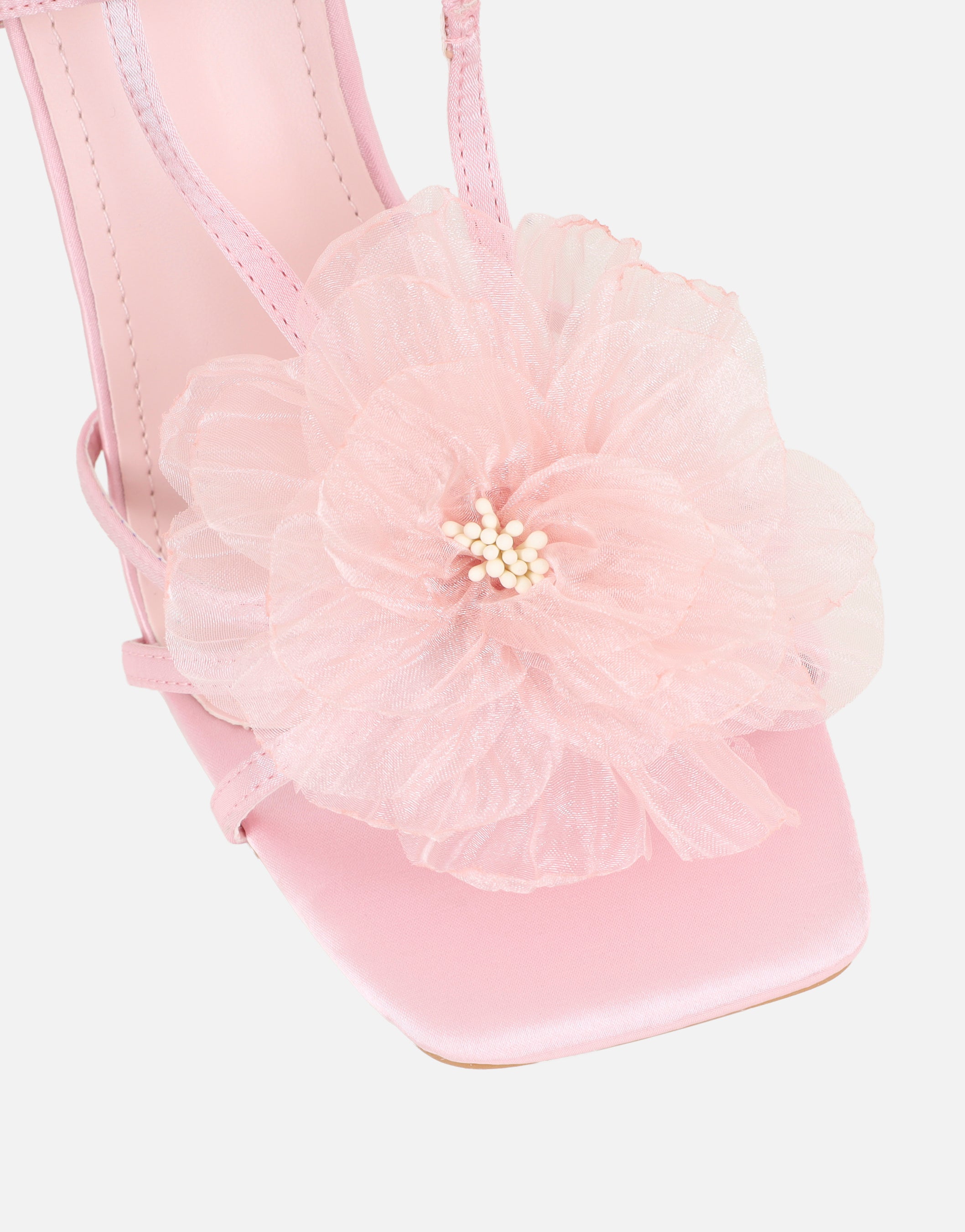 Lulu Pink Satin Mesh Flower Heeled Sandals | SIMMI London