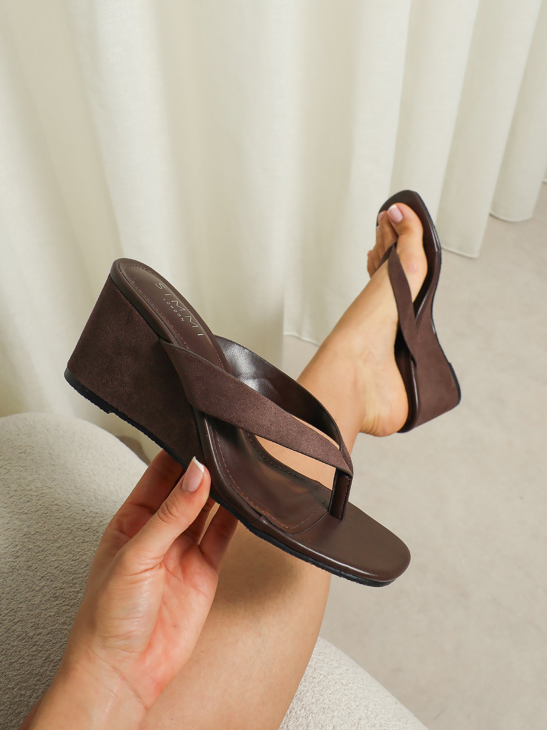 Jules Brown Suede Thong Wedge Sandals | SIMMI London
