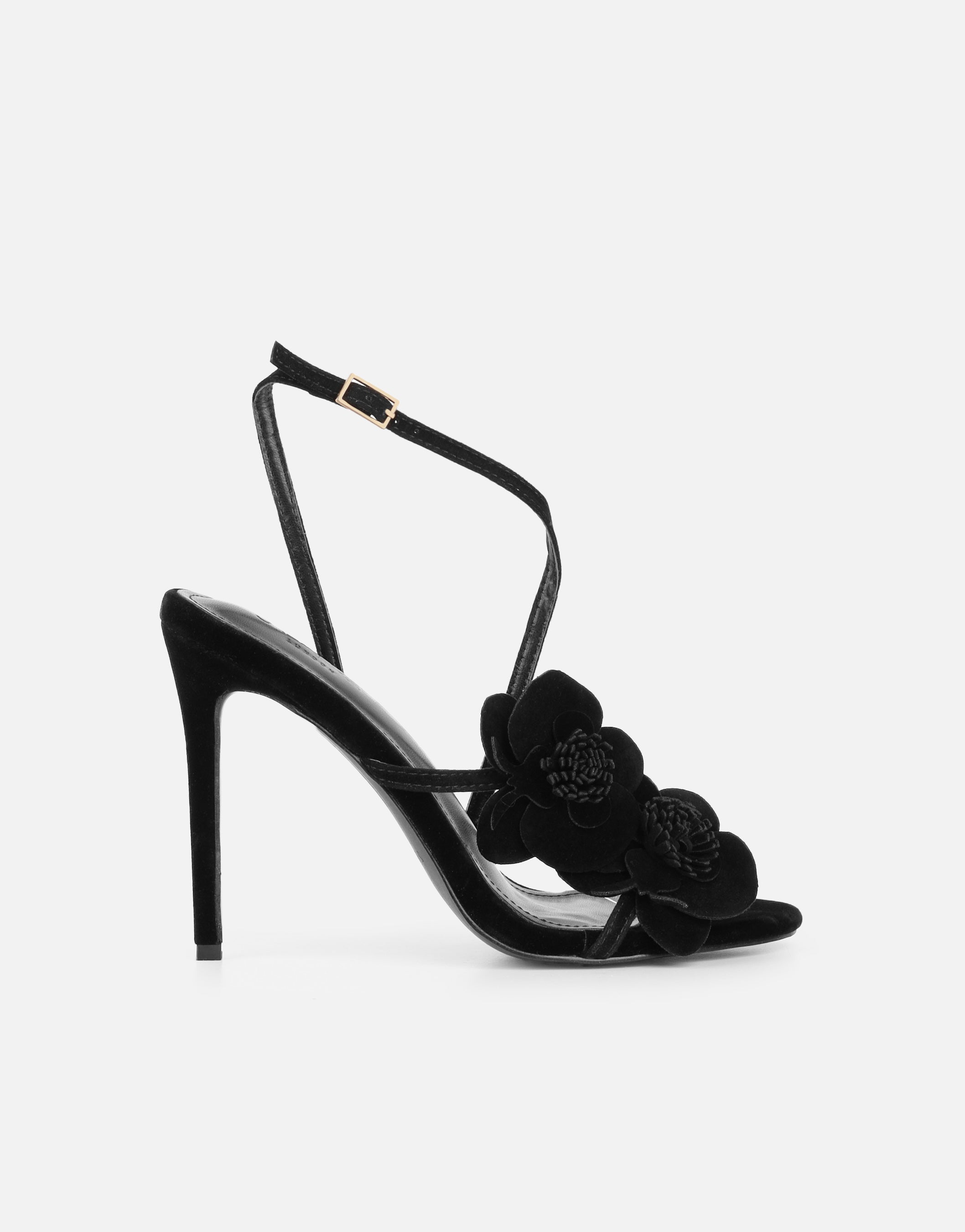 Kloss Black Suede Floral Embellished Stiletto Sandals | SIMMI London