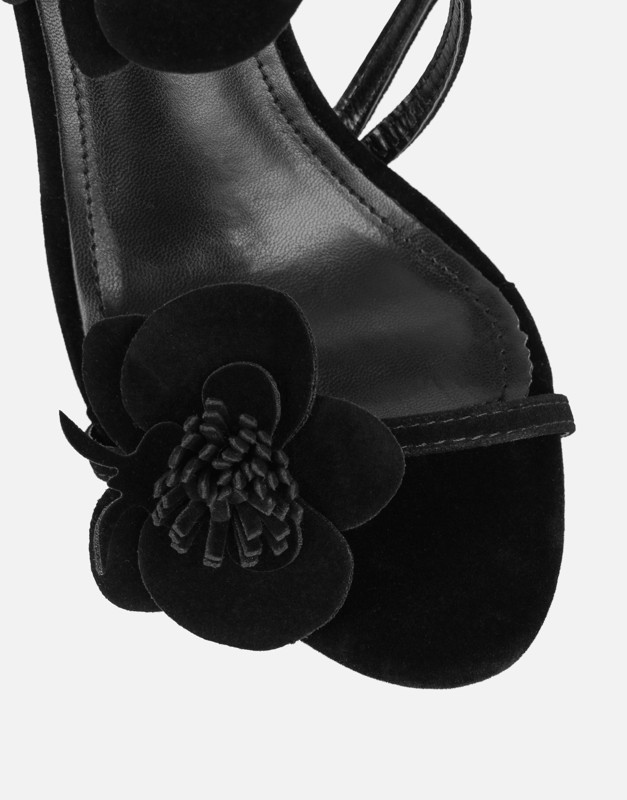 Kloss Black Suede Floral Embellished Stiletto Sandals | SIMMI London