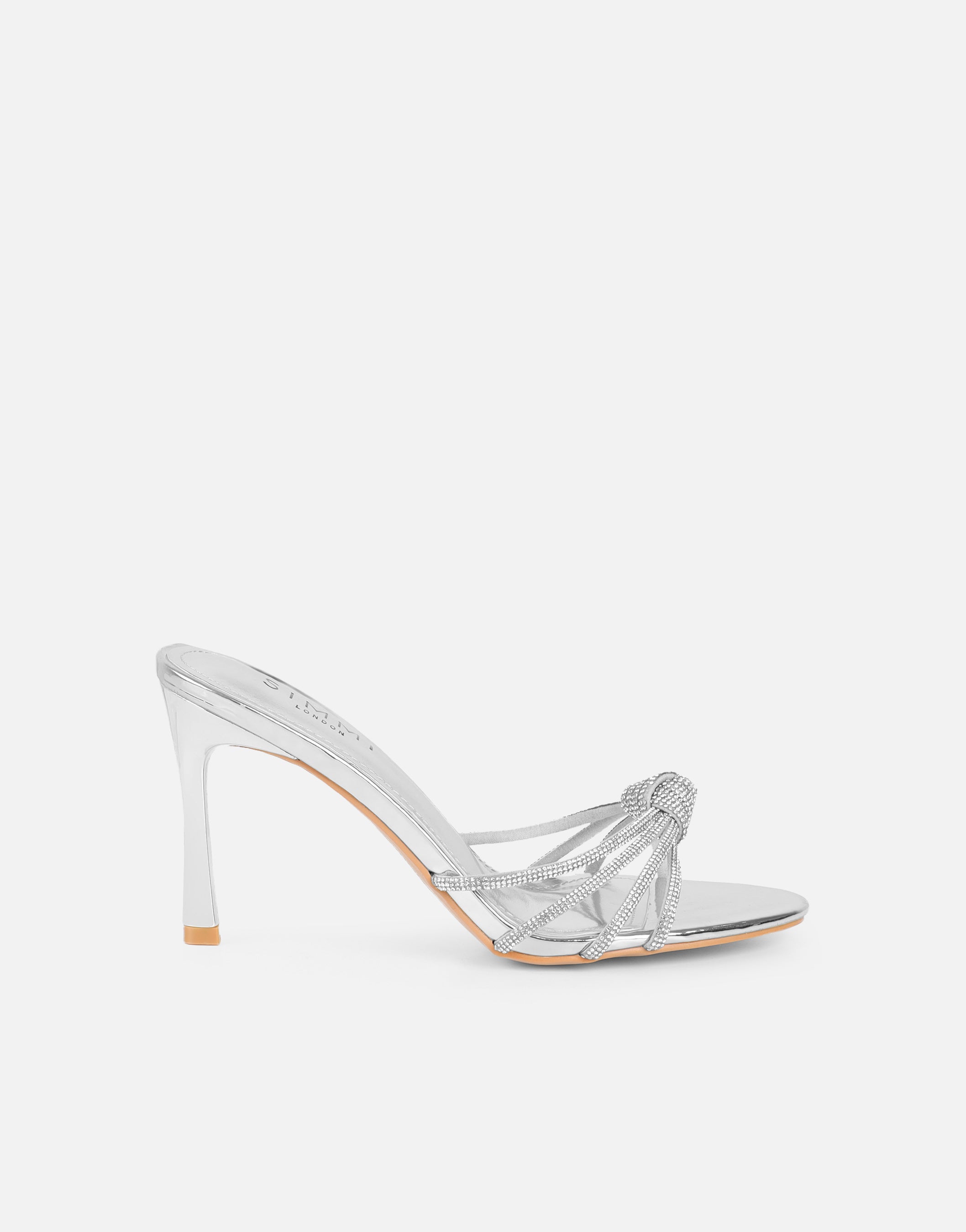 Kyla Silver Mirror Diamante Knot Mules | SIMMI London