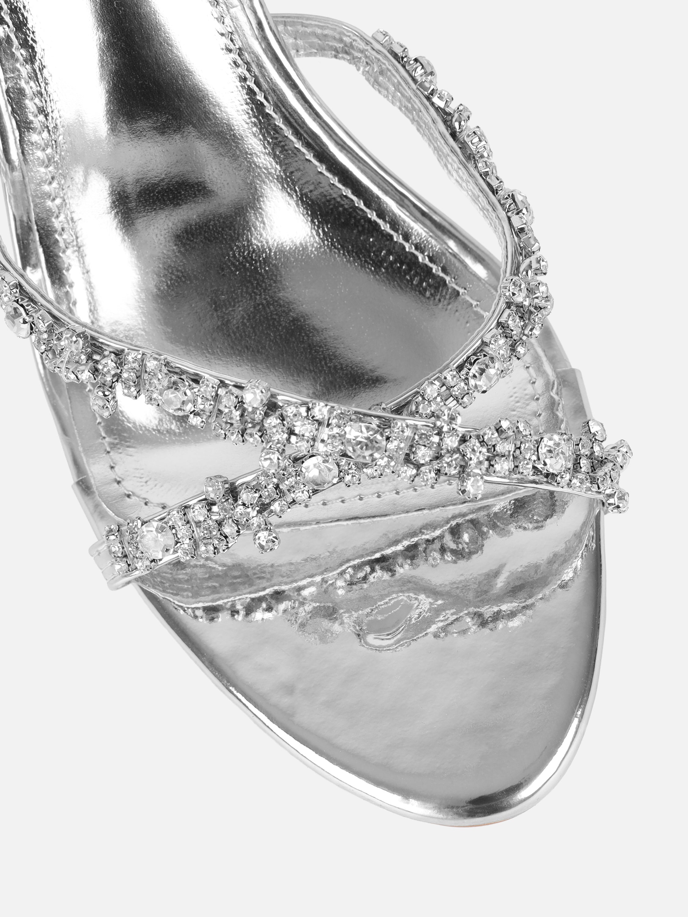 Keely Silver Mirror Diamante Crossover Mules | SIMMI London