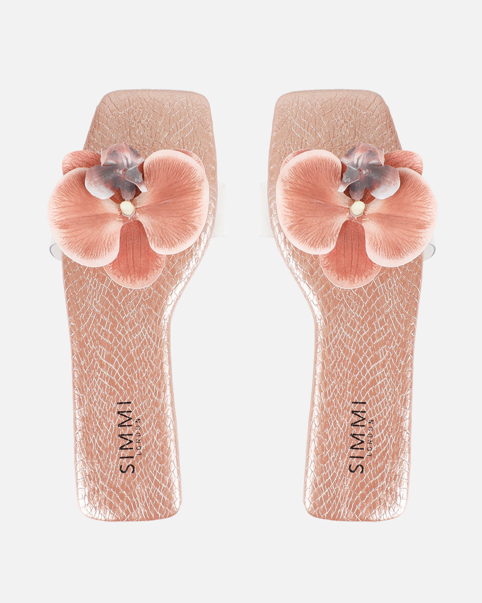 Pina Rose Gold Snake Flower Slip on Flats | SIMMI London