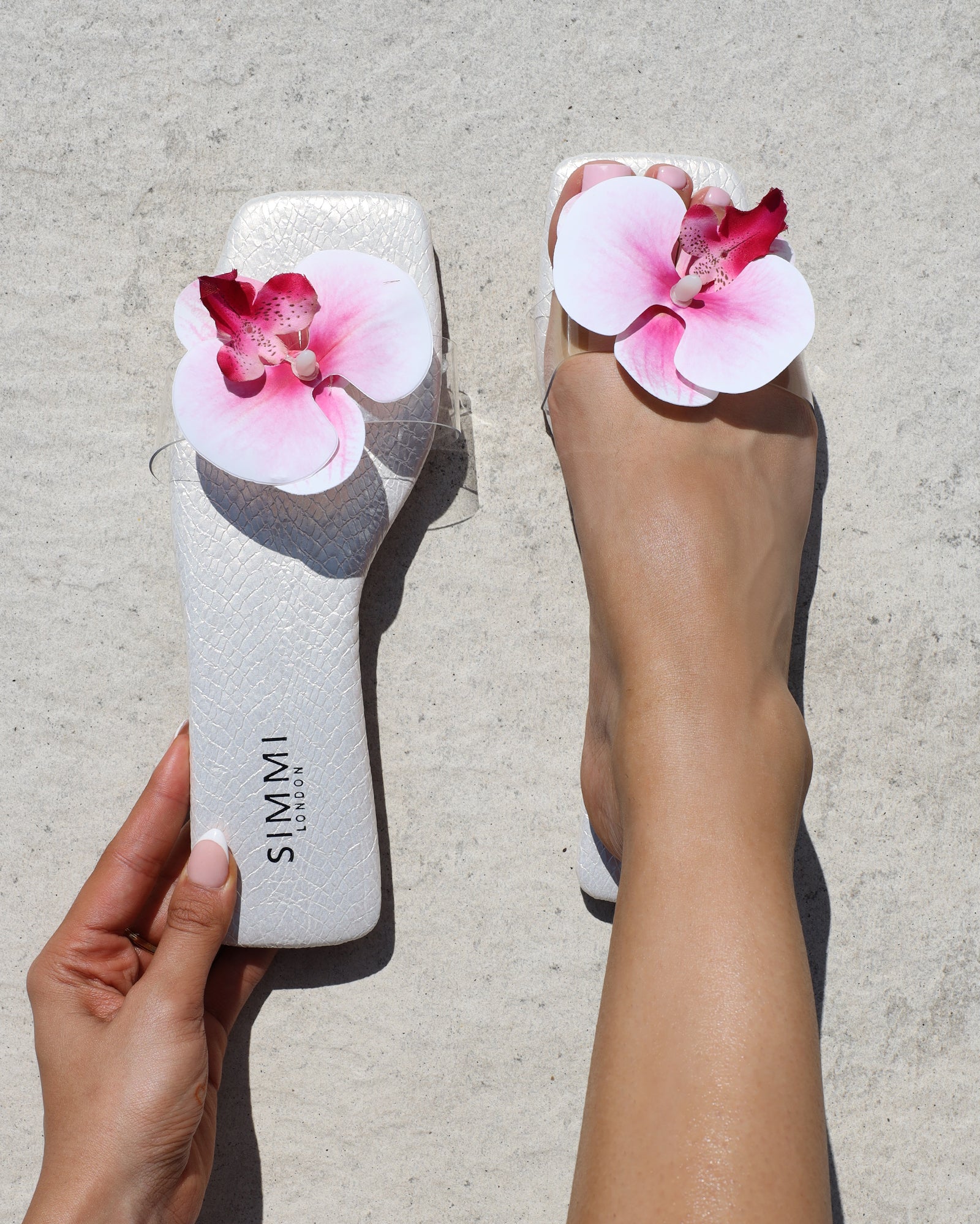 Pina White Snake Flower Slip on Flats | SIMMI London