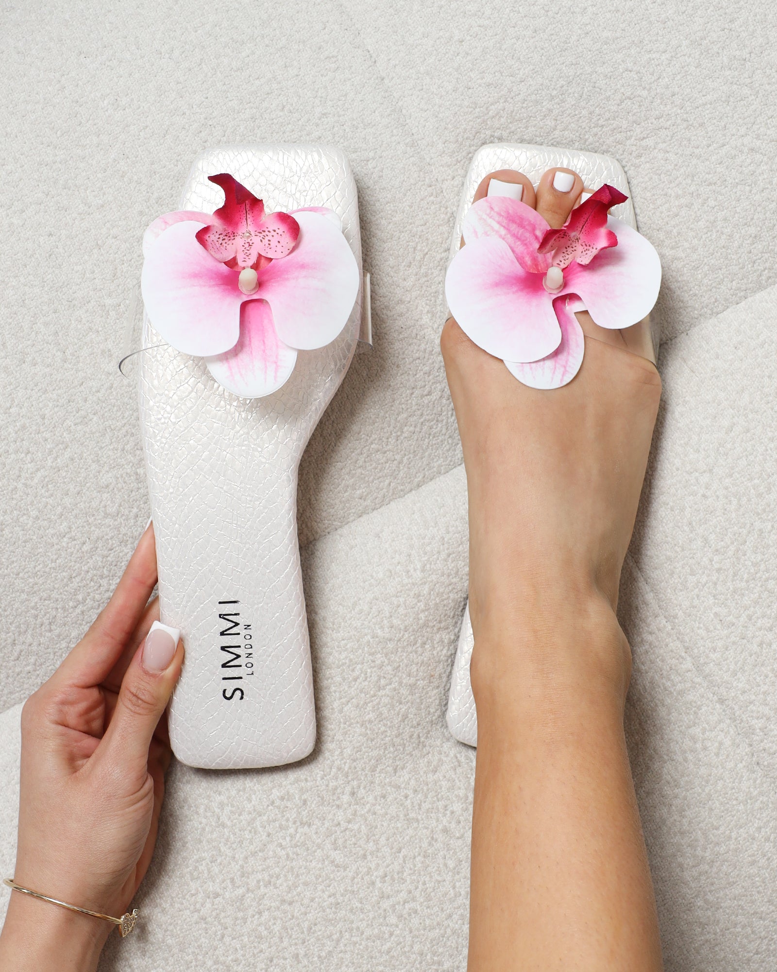 Pina White Snake Flower Slip on Flats | SIMMI London