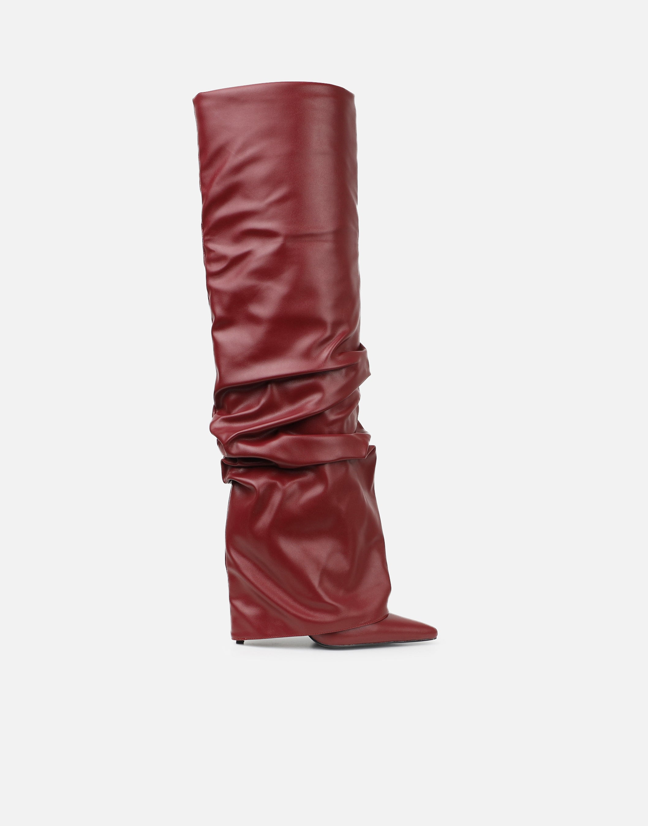 Lukas Burgundy Ruched Fold Over Knee High Boots | SIMMI London