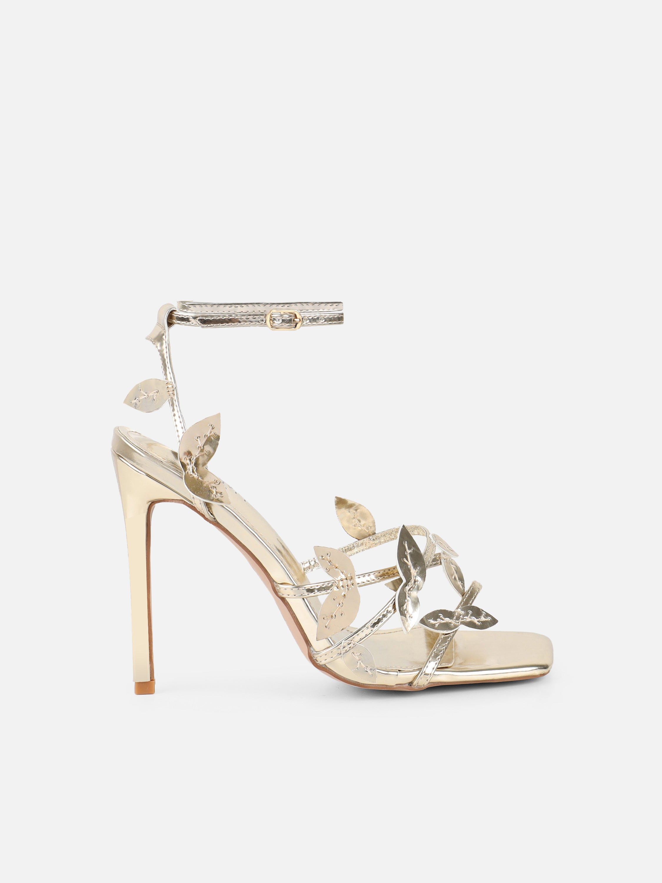 Lesia Gold Mirror Leaf Detail Heeled Sandals | SIMMI London 