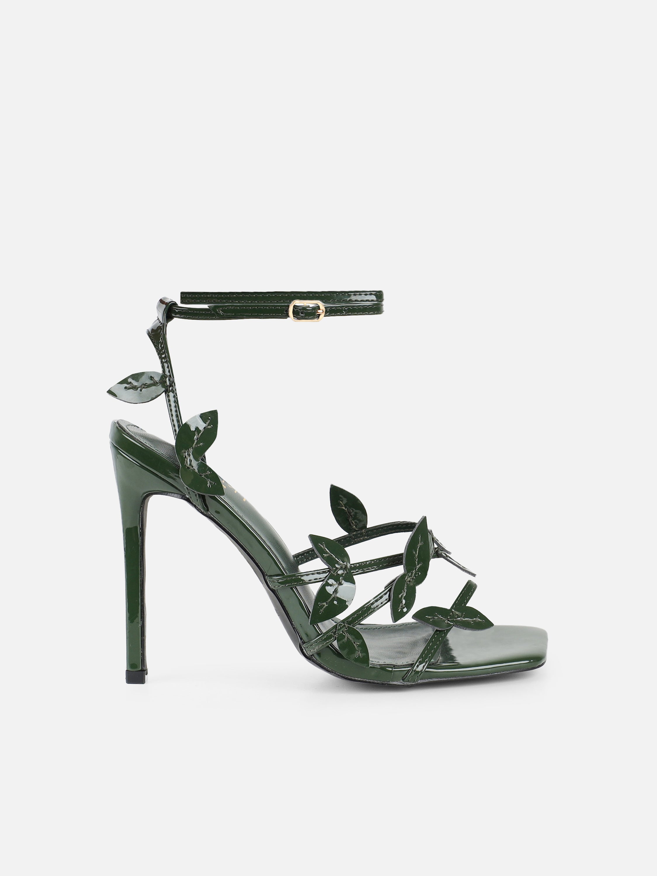 Lesia Forest Green Patent Leaf Detail Heeled Sandals | SIMMI London