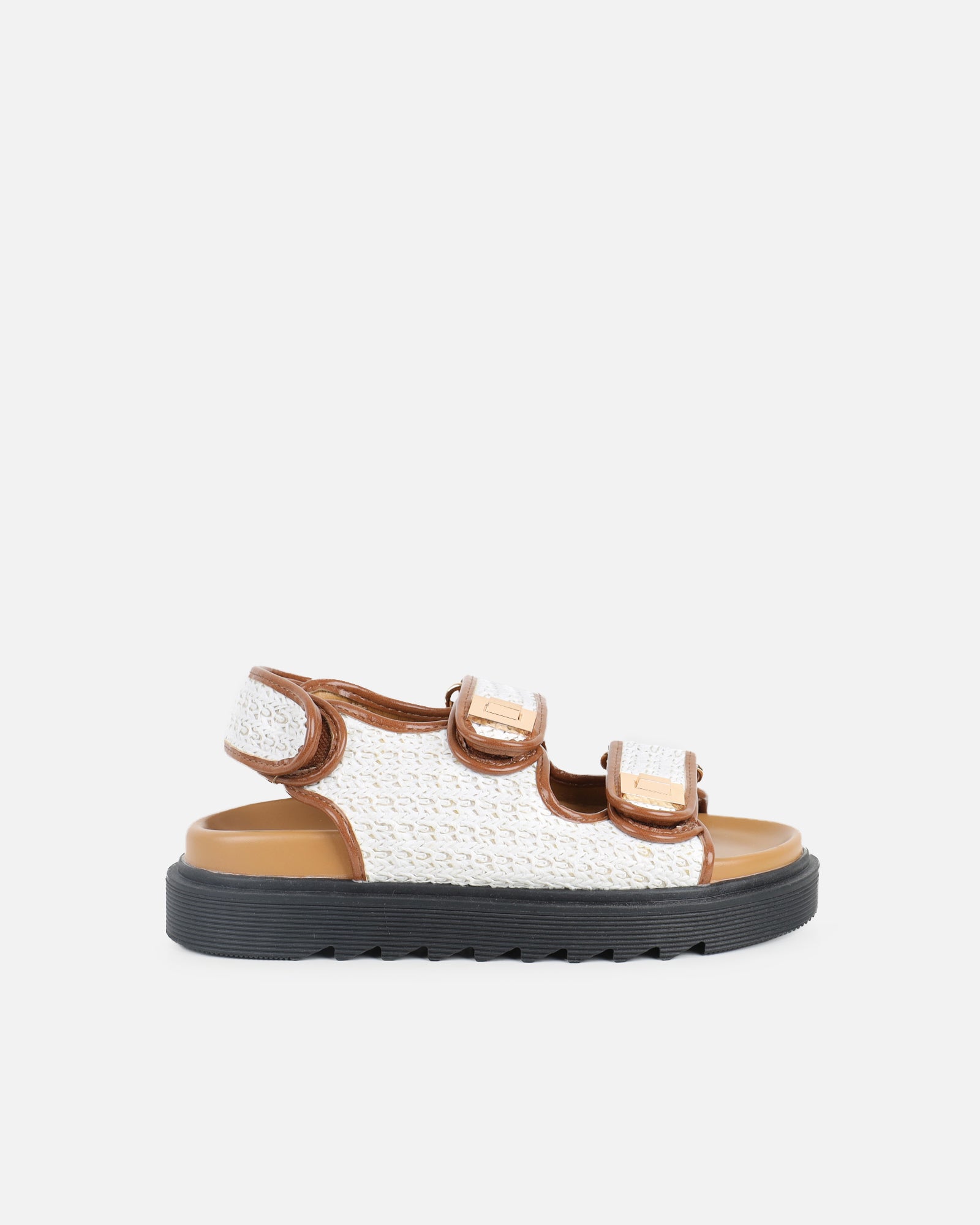 Patricia White and Tan Woven Chunky Sandals | SIMMI London