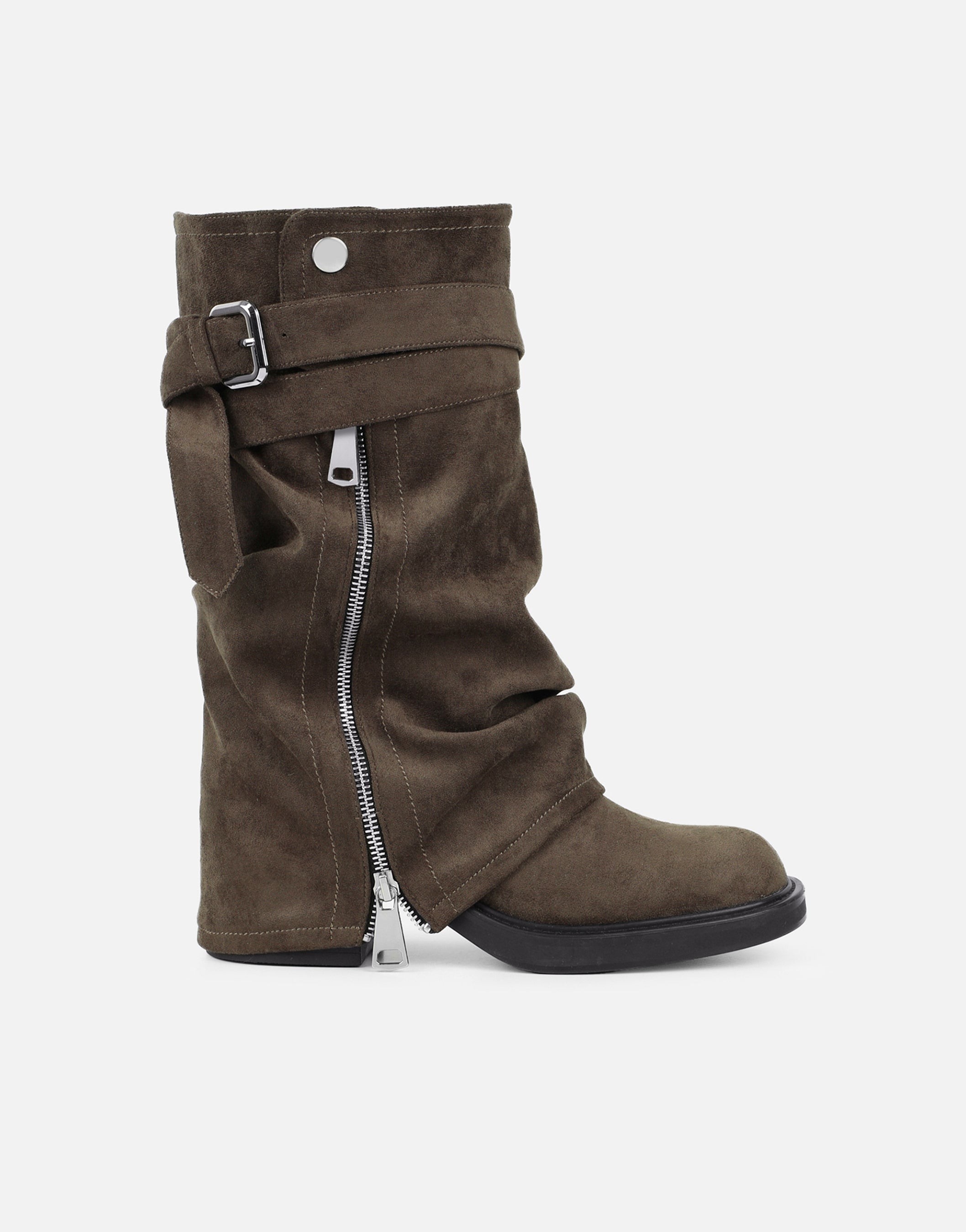 Lowry Khaki Suede Foldover Chunky Boots | SIMMI London
