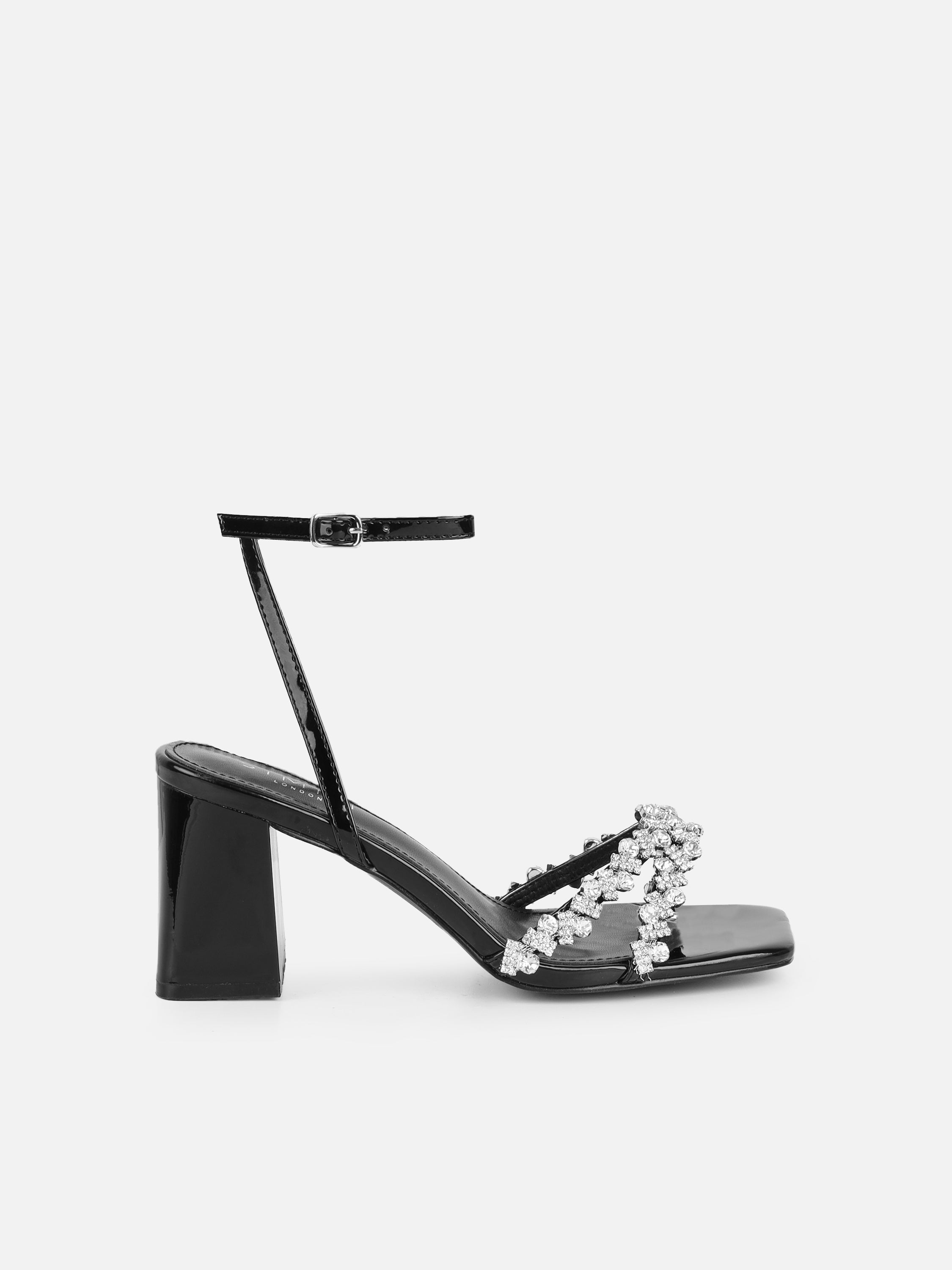 Meave Black Patent Diamante Block Heeled Sandals | SIMMI London