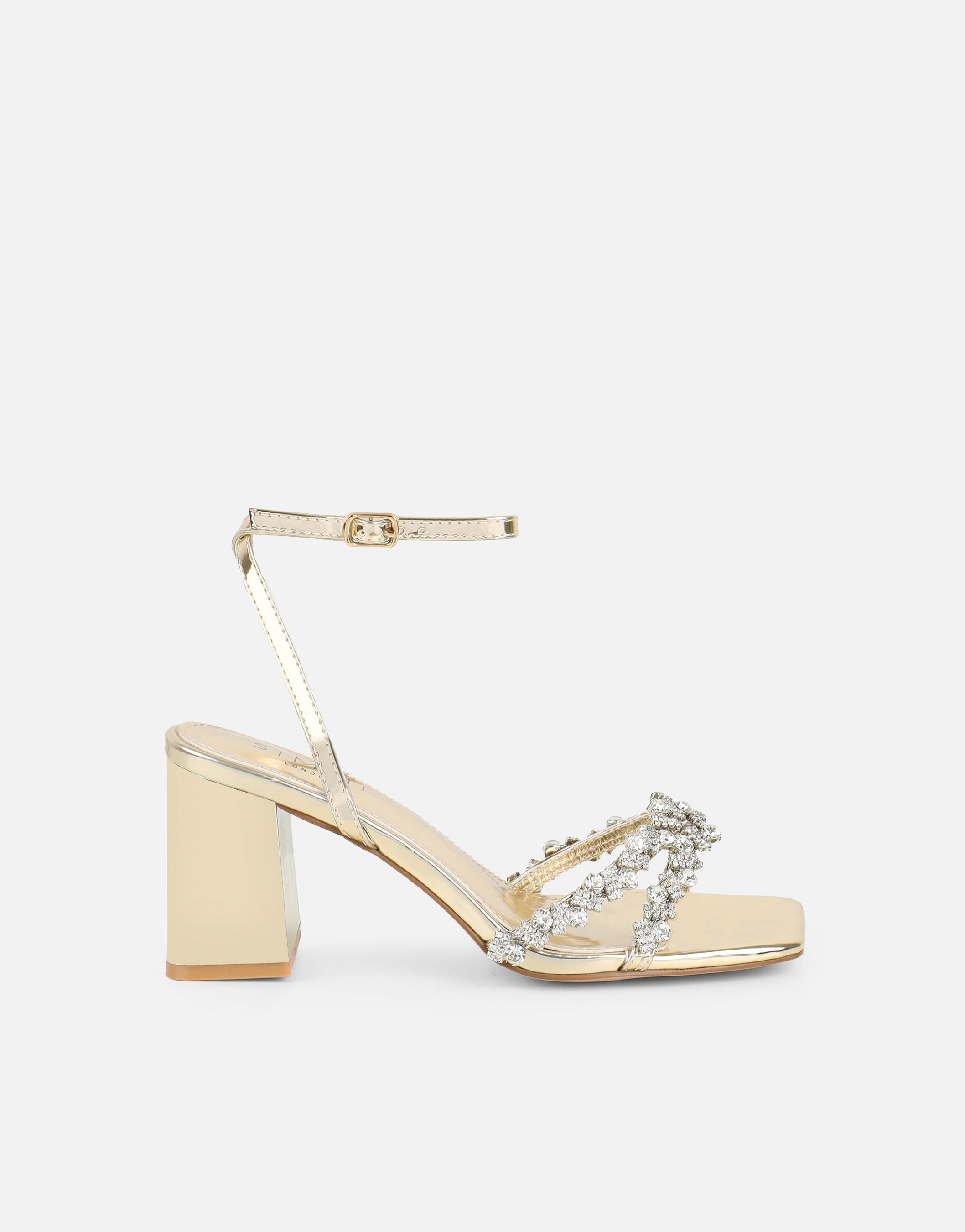 Meave Gold Mirror Diamante Block Heeled Sandals | SIMMI London