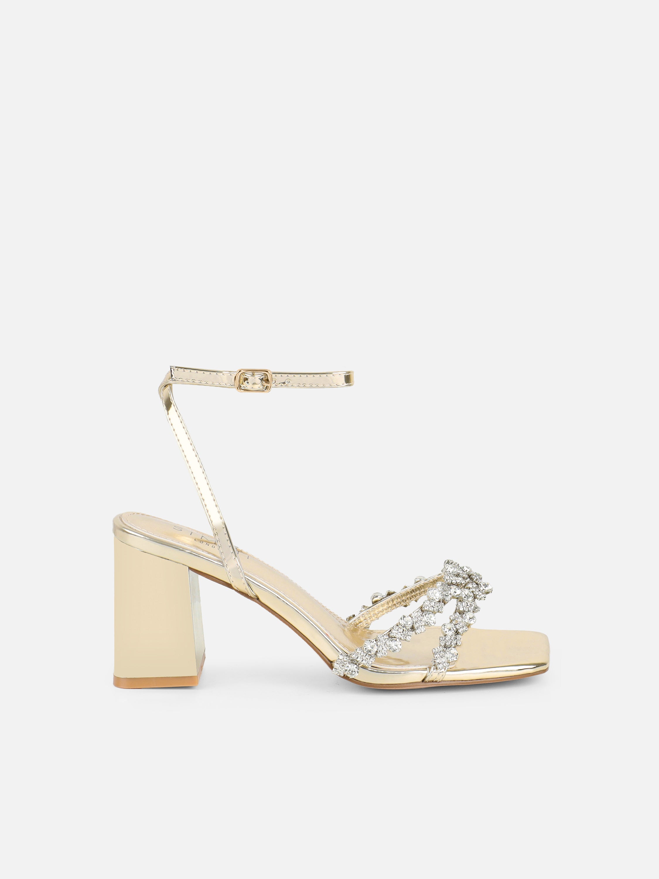 Meave Gold Mirror Diamante Block Heeled Sandals Wide Fit | SIMMI London