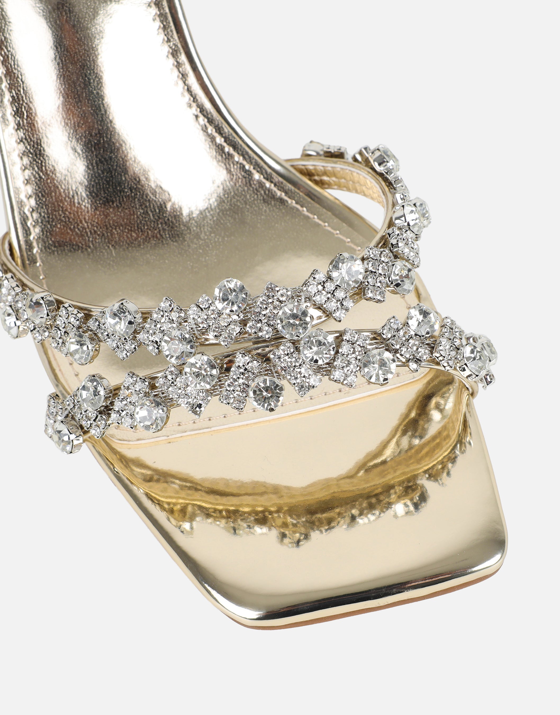 Meave Gold Mirror Diamante Block Heeled Sandals Wide Fit | SIMMI London