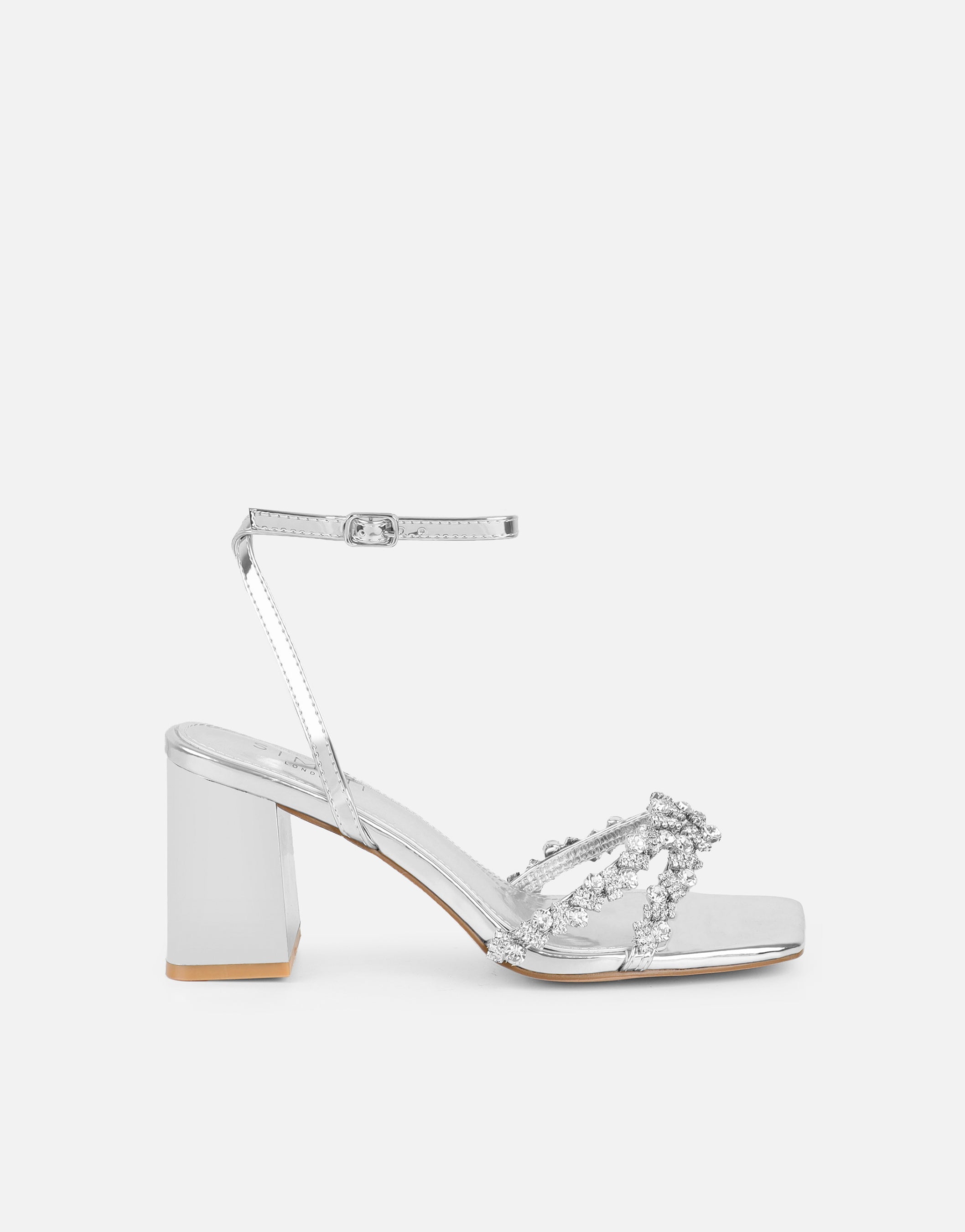 Meave Silver Mirror Diamante Block Heeled Sandals Wide Fit | SIMMI London