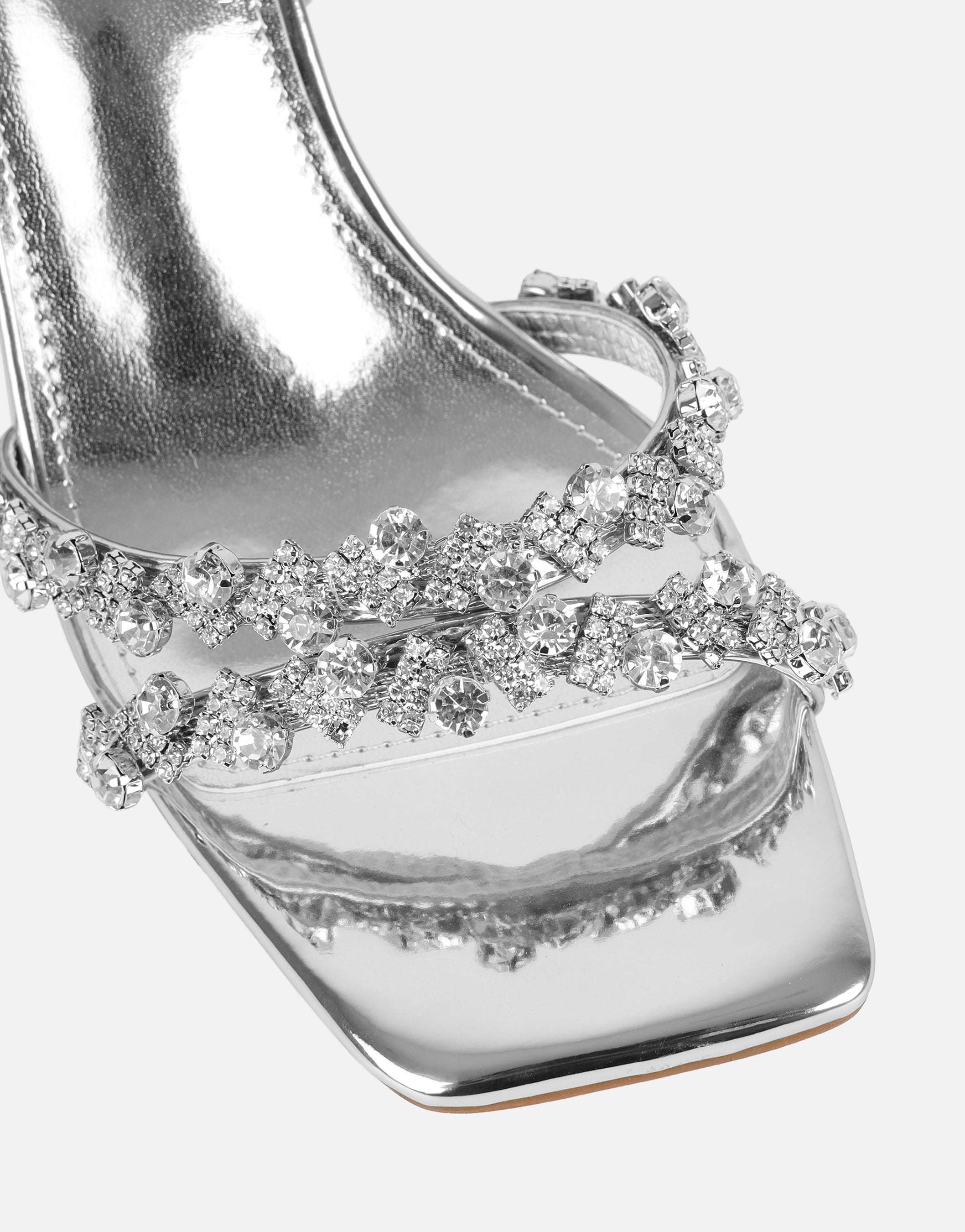 Meave Silver Mirror Diamante Block Heeled Sandals Wide Fit | SIMMI London