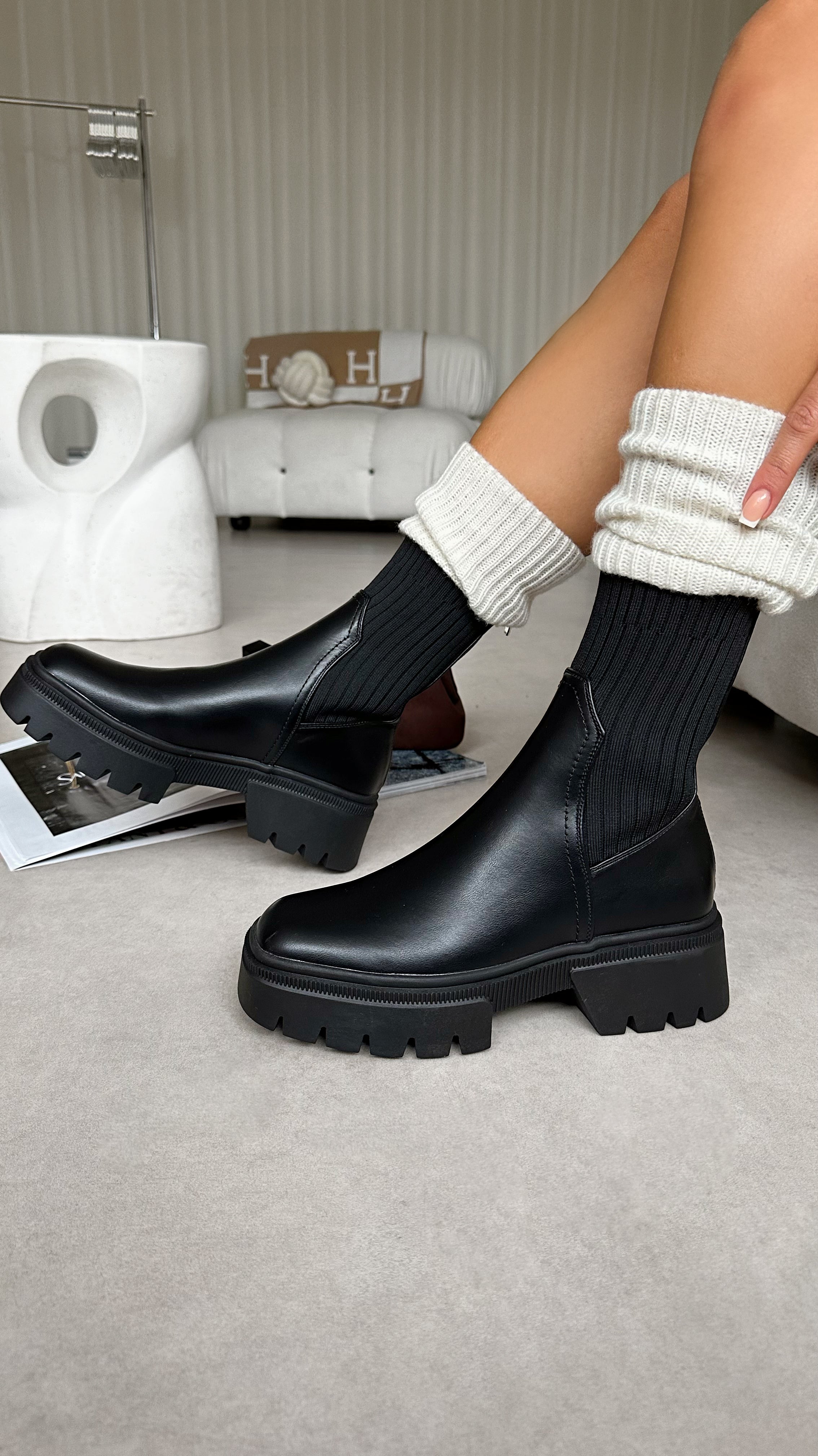 Malakai Black Knit Chunky Ankle Boots | SIMMI London