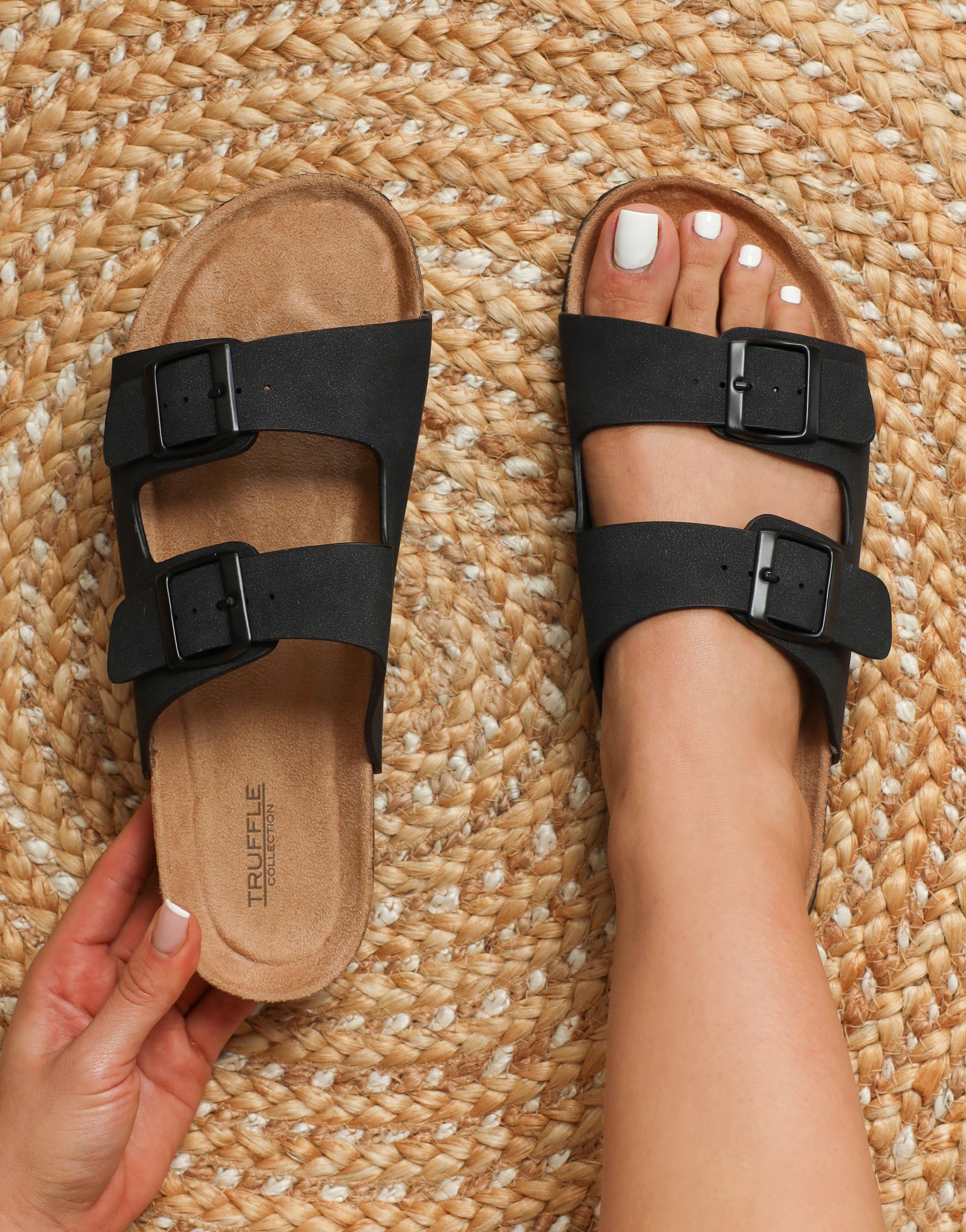 Olsen Truffle Collection Black Slip On Footbed Flat Sandals