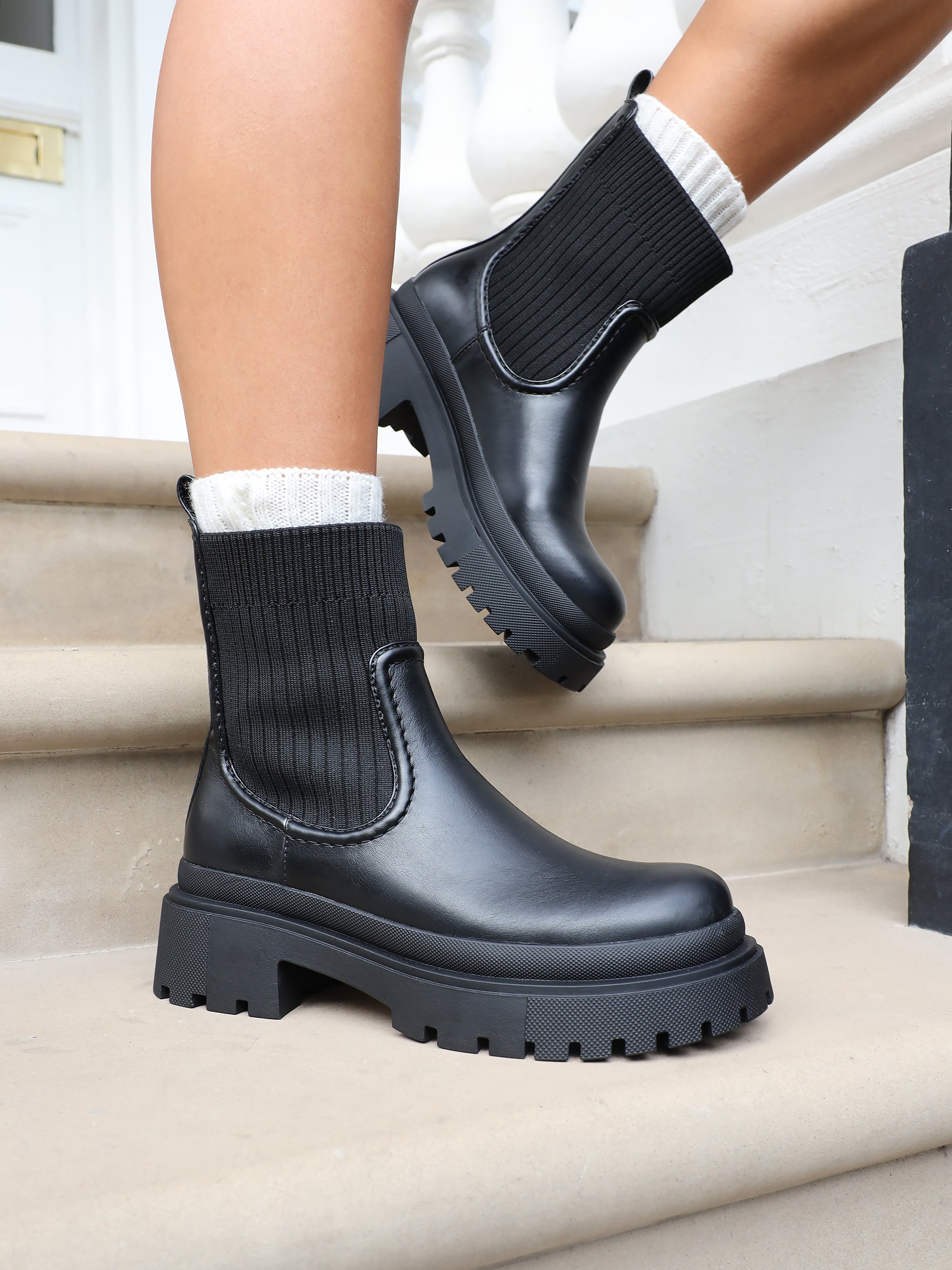 Jirra Black Chunky Ankle Sock Boots | SIMMI London