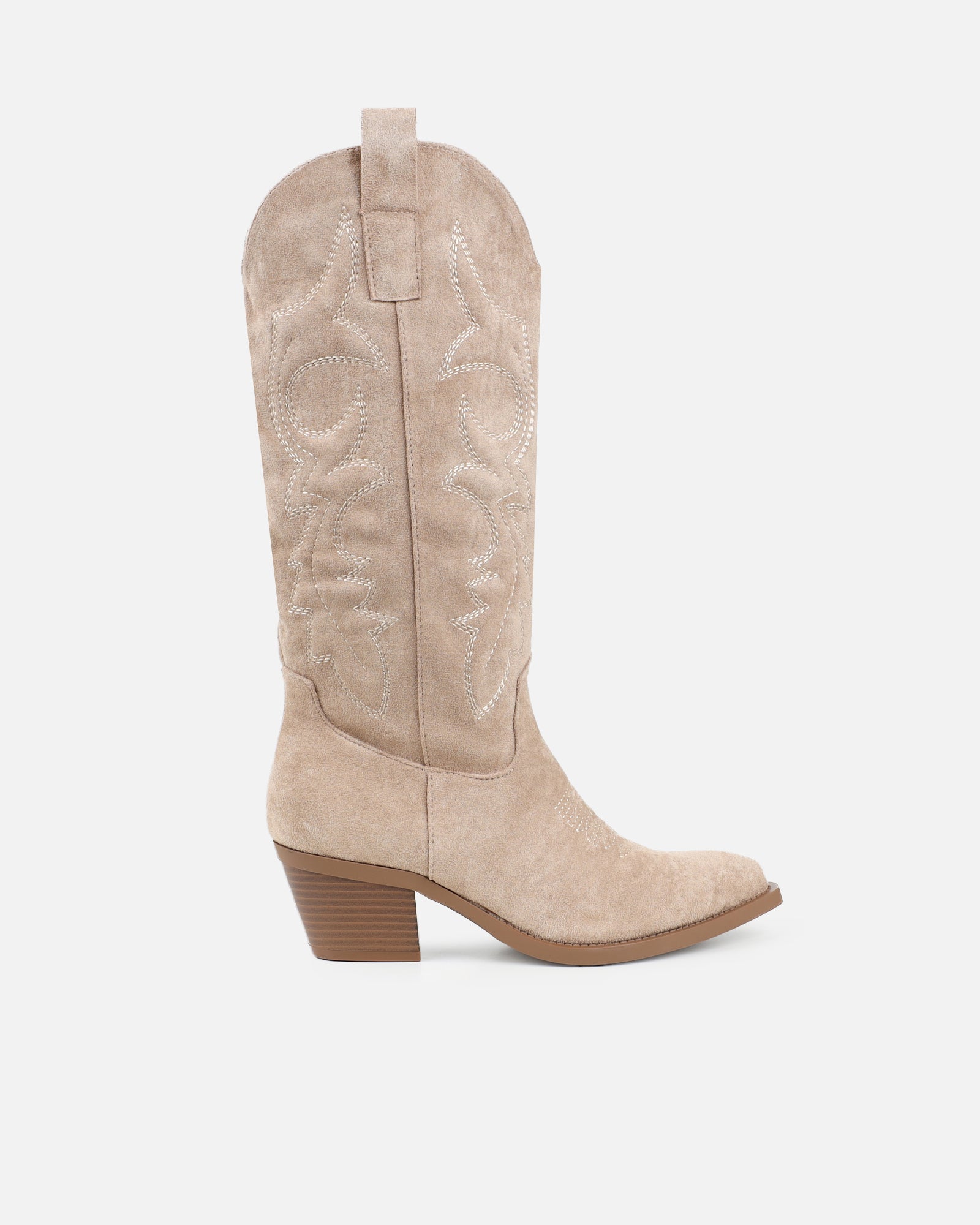 Marsha Beige Suede Embroidered Western Calf Boot | SIMMI London