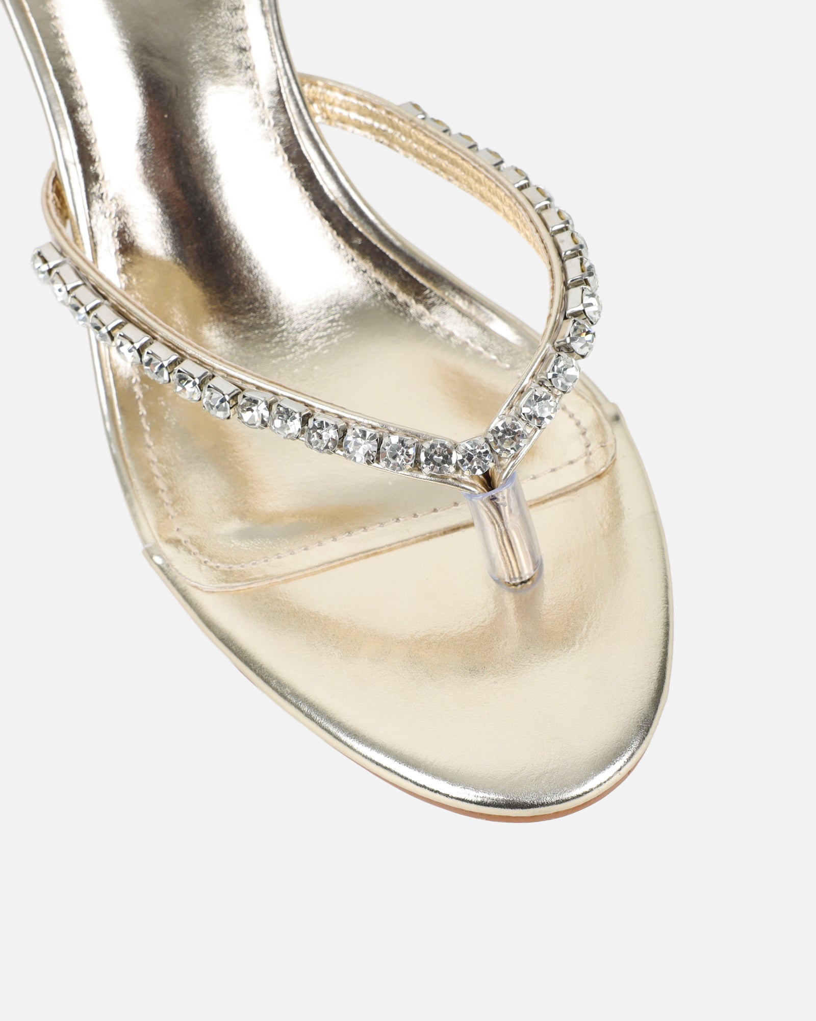 Sheen Gold Metallic Diamante Toe Thong Heeled Sandals | SIMMI London
