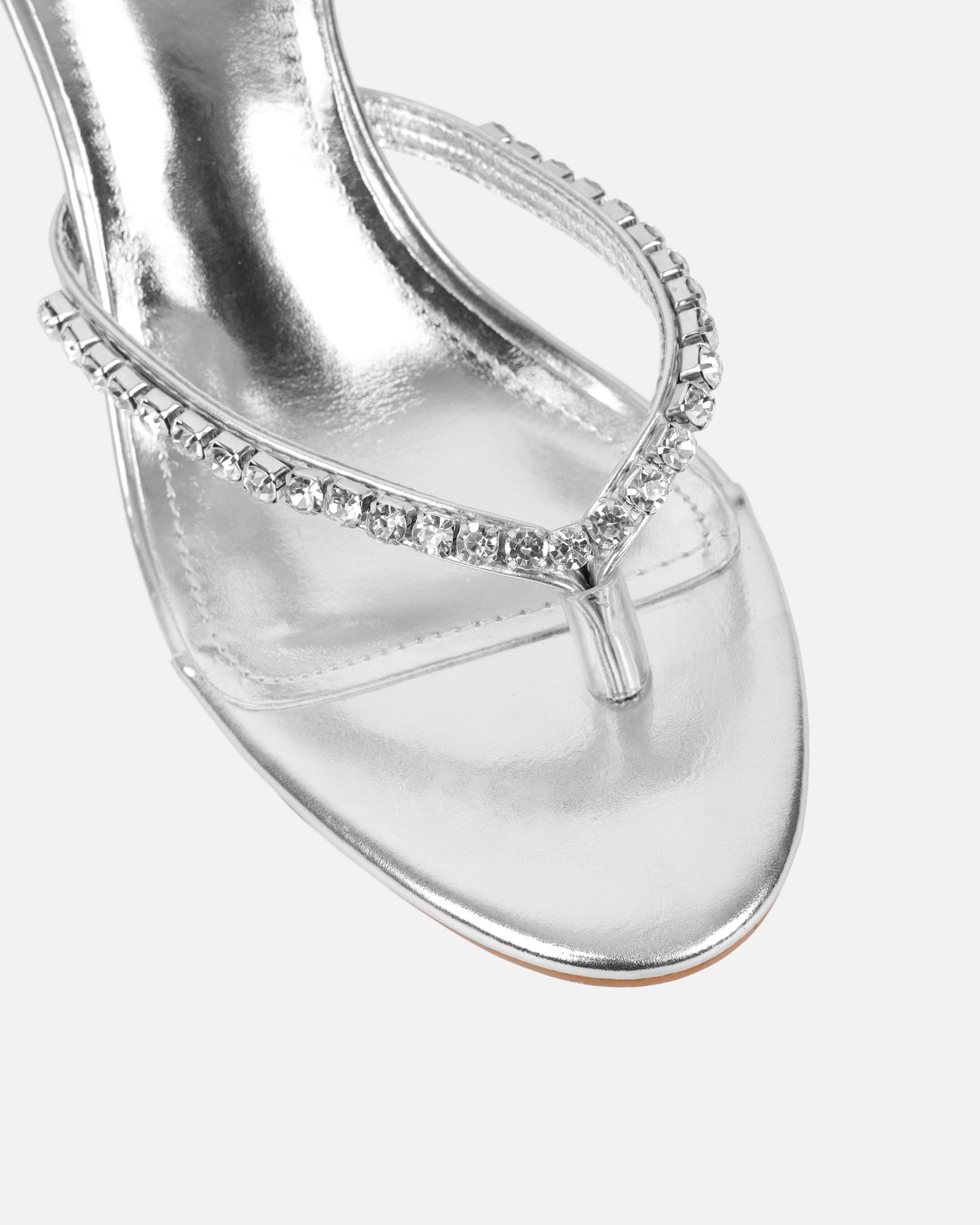 Sheen Silver Metallic Diamante Toe Thong Heeled Sandals | SIMMI London