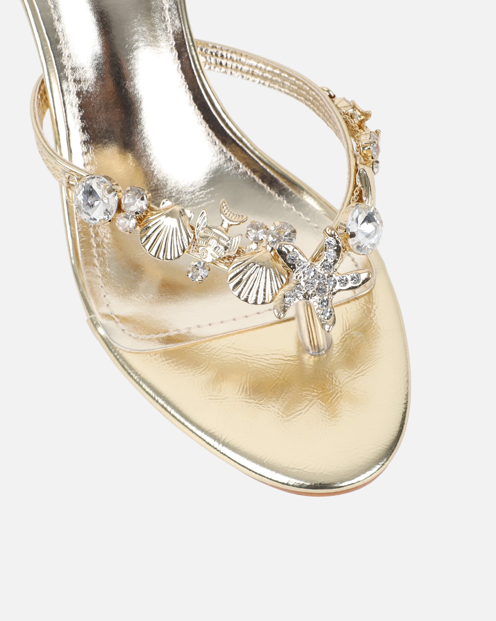 Silla Gold Metallic Shell Detail Toe Thong Heeled Sandals | SIMMI London