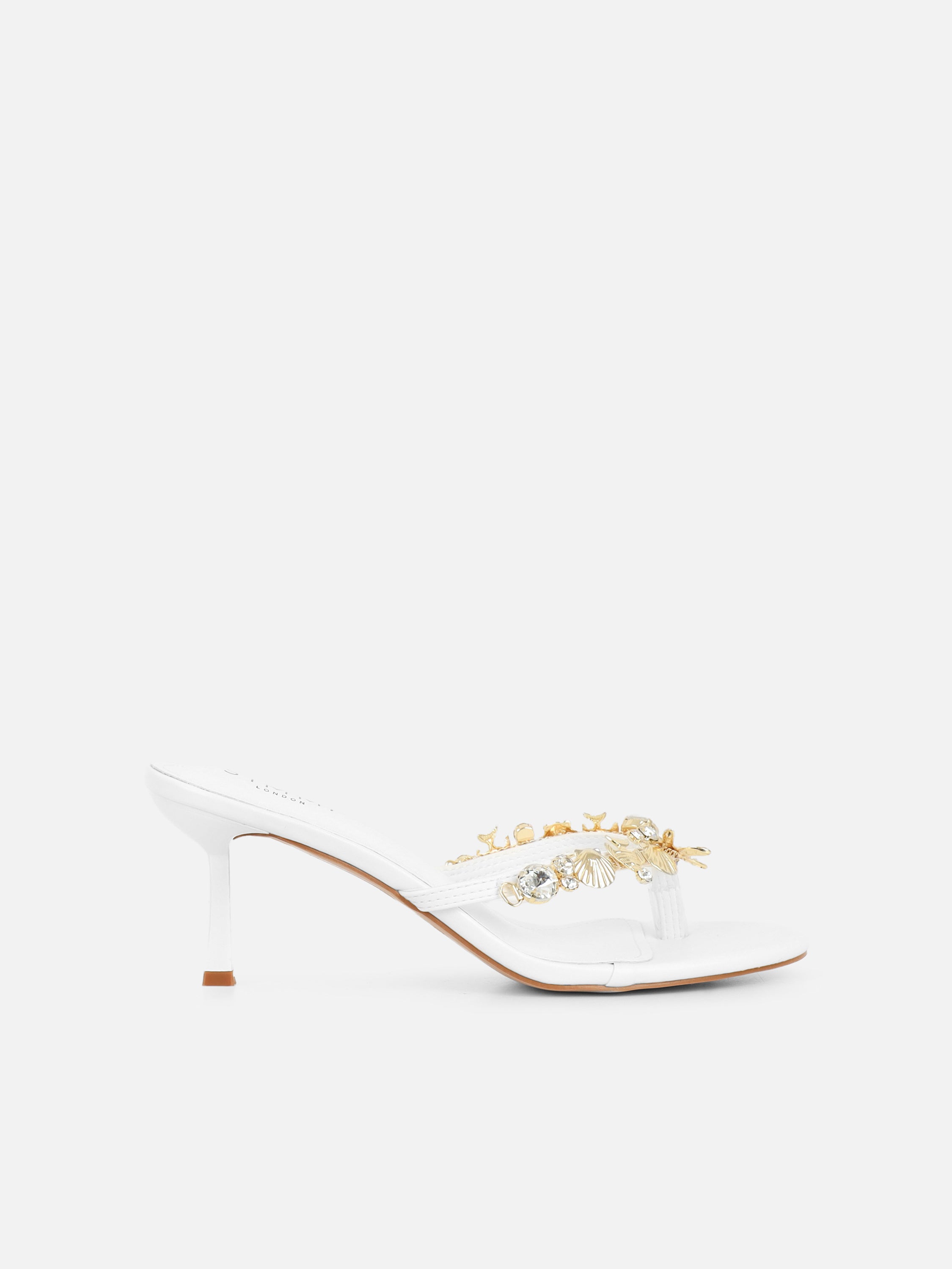 Silla White Shell Detail Toe Thong Heeled Sandals | SIMMI London