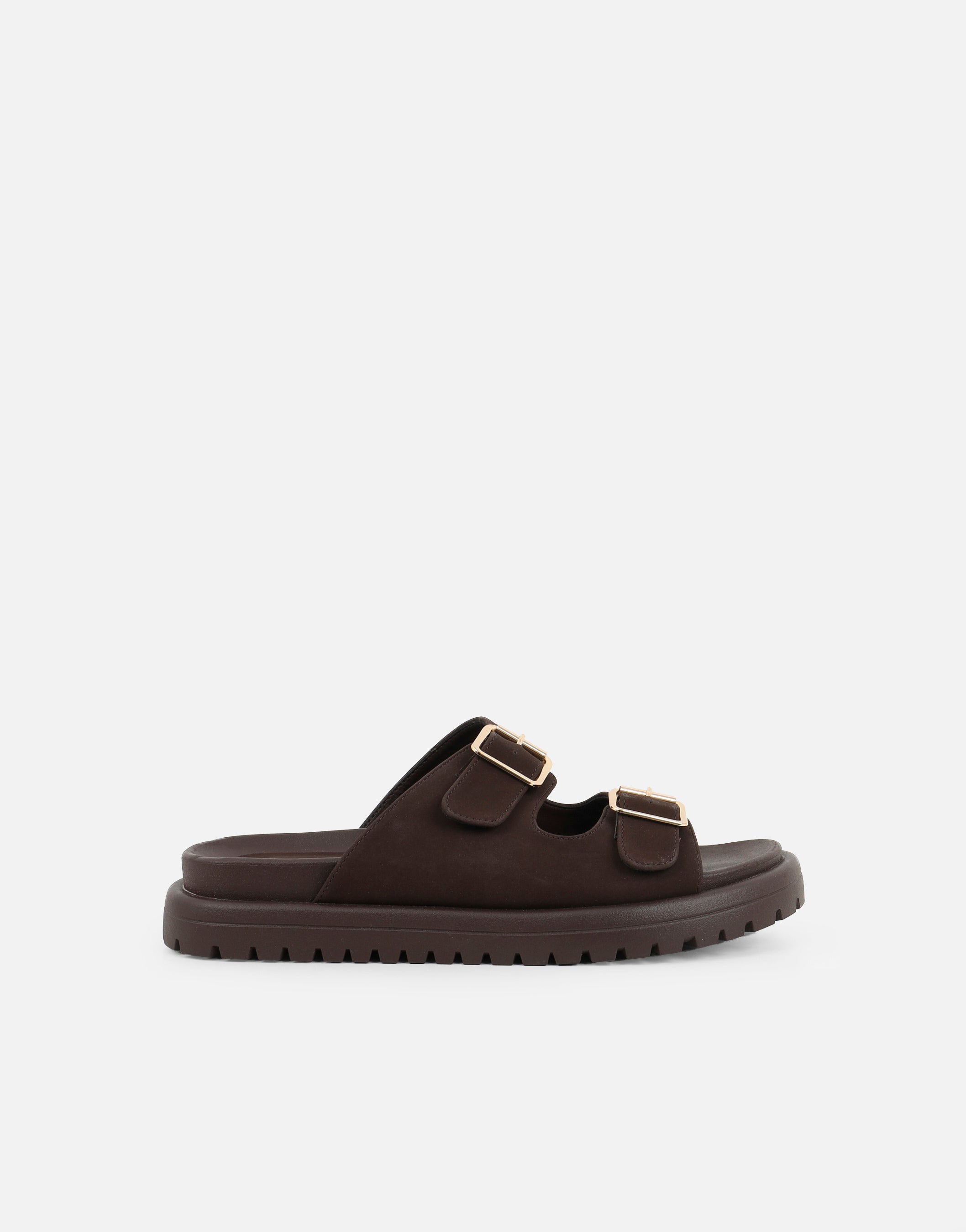 Jesselyn Brown Suede Buckle Chunky Flat Sandals | SIMMI London