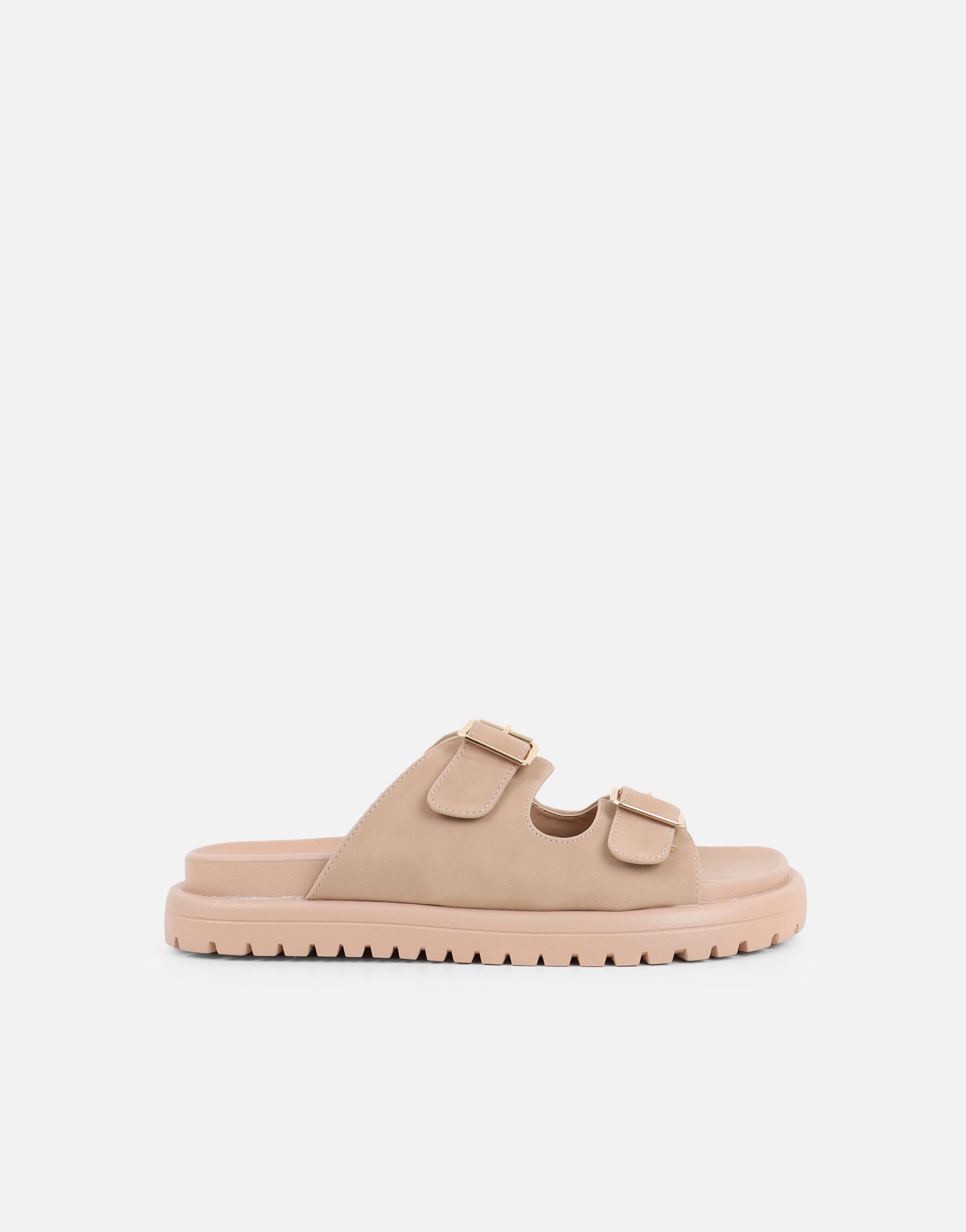 Jesselyn Beige Suede Buckle Chunky Flat Sandals | SIMMI London