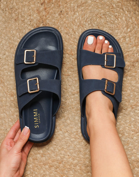 Jesselyn Navy Suede Buckle Chunky Flat Sandals | SIMMI London