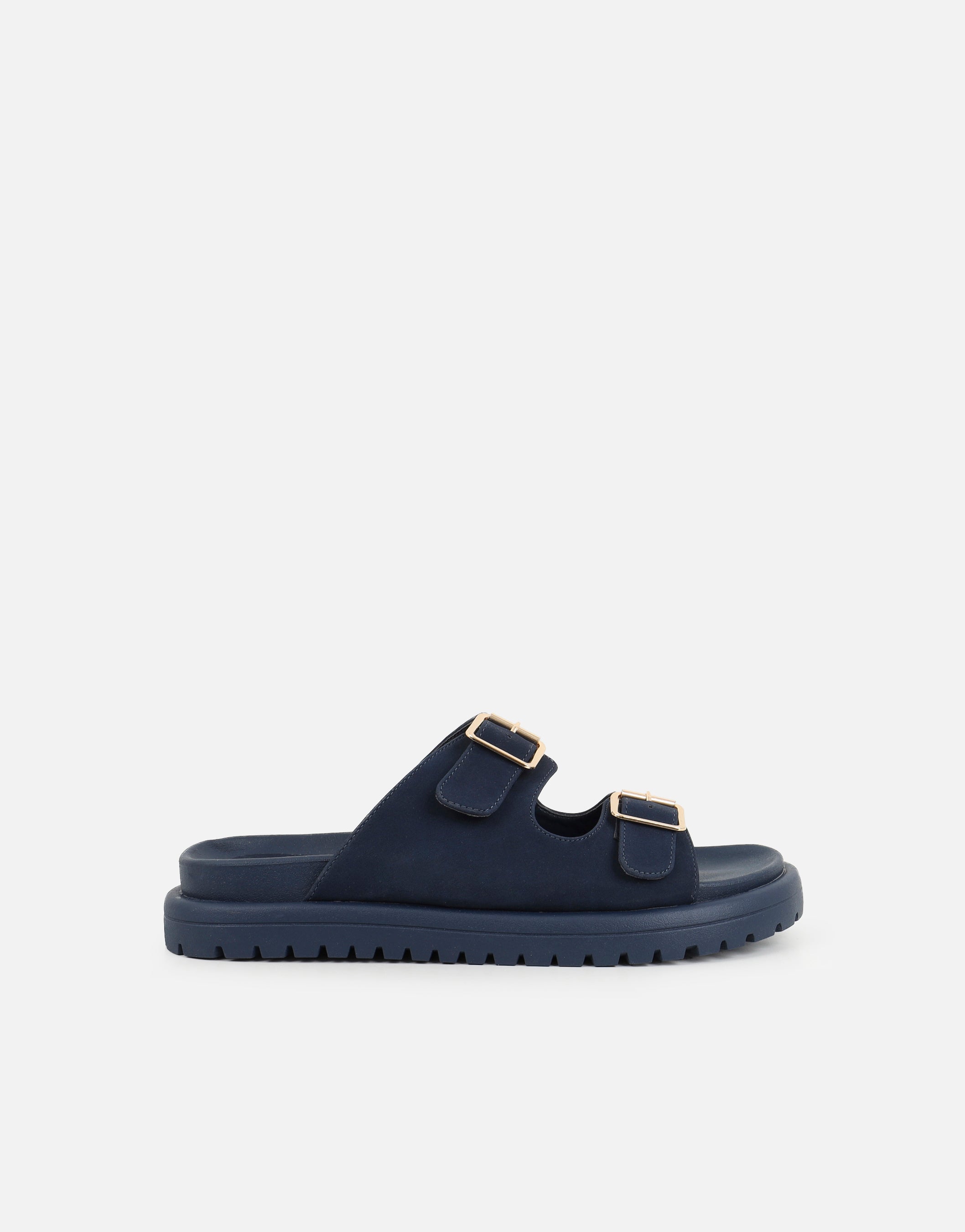 Jesselyn Navy Suede Buckle Chunky Flat Sandals | SIMMI London