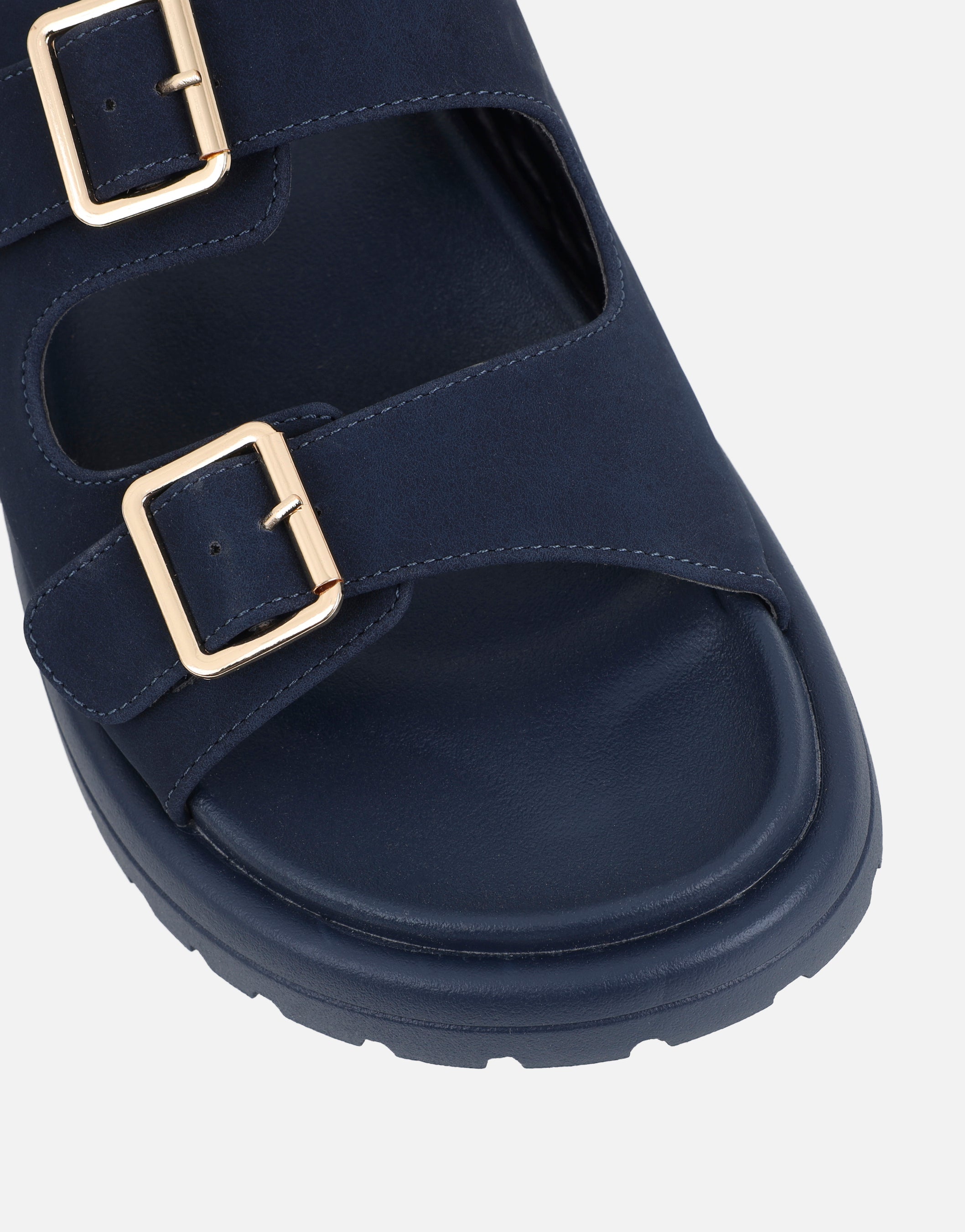 Jesselyn Navy Suede Buckle Chunky Flat Sandals | SIMMI London