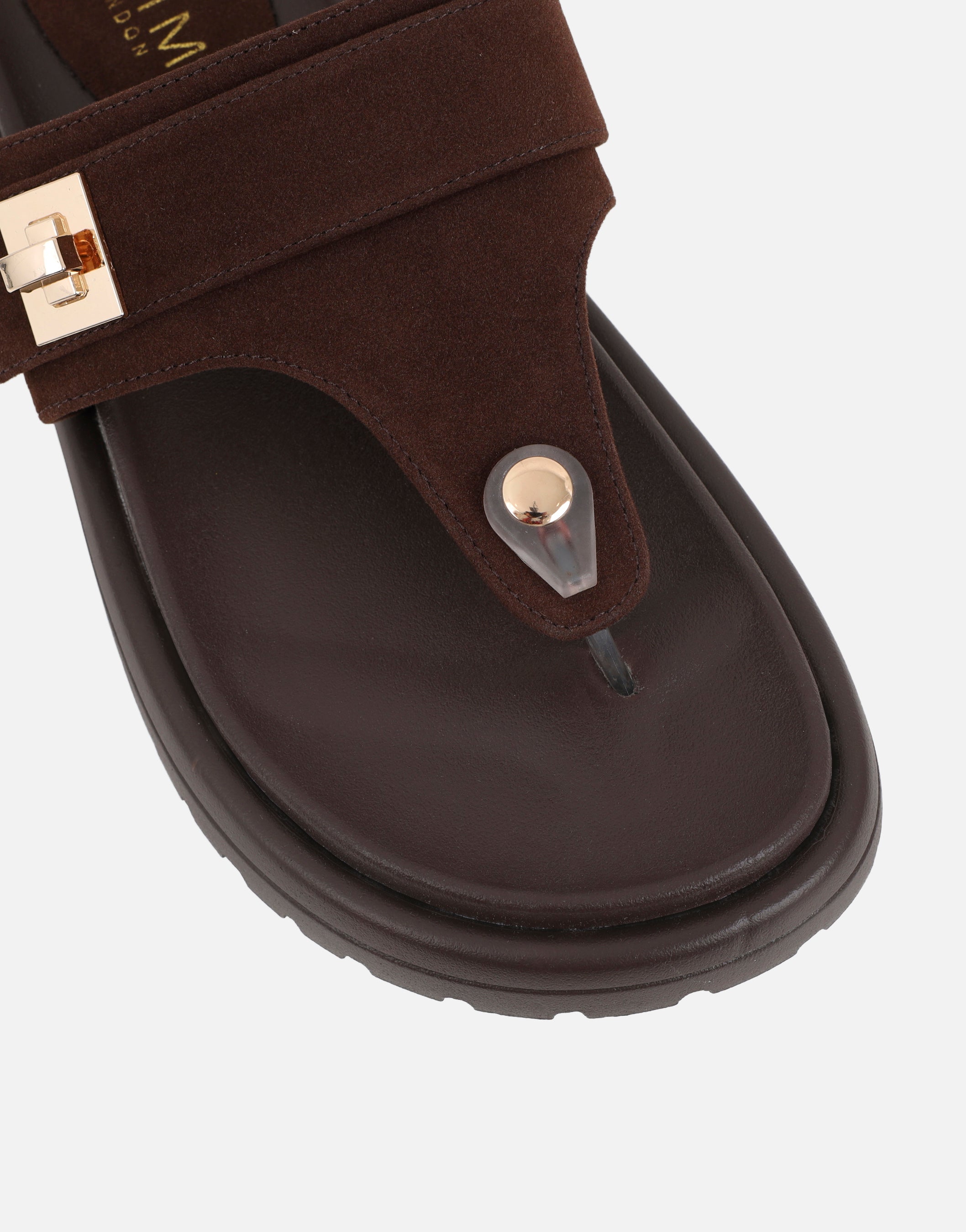 Makky Brown Suede Toe Post Embellished Chunky Flats | SIMMI London